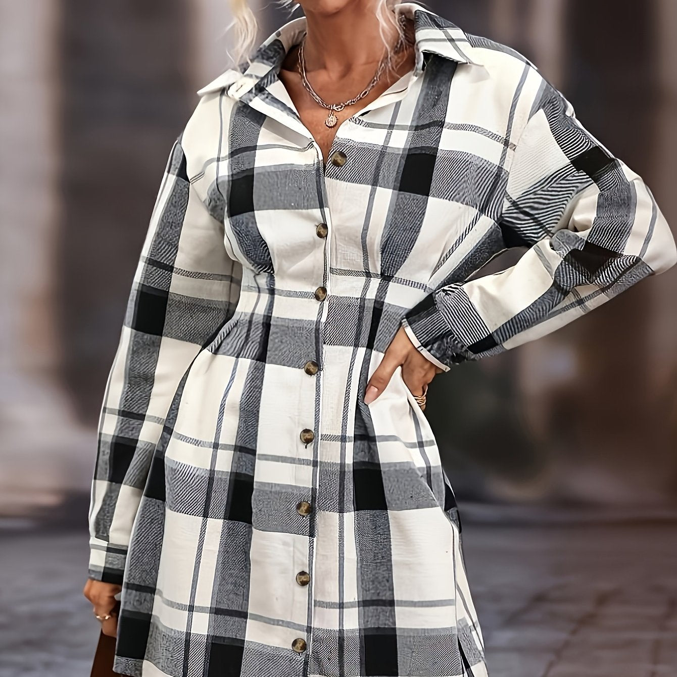Sixsr Plaid Print Shirt Dress, Casual Button Front Long Sleeve Dress, Women's Clothing