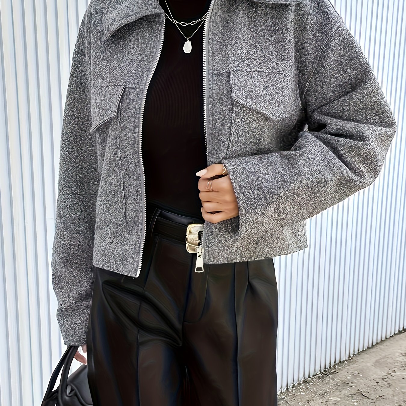 Sixsr Solid Flap Pockets Zipper Jacket, Versatile Drop Shoulder Long Sleeve Outwear For Fall & Winter, Women's Clothing