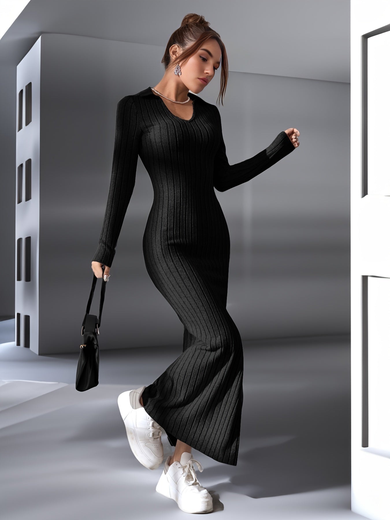Sixsr Ribbed Split Dress, Casual V Neck Long Sleeve Maxi Dress, Women's Clothing