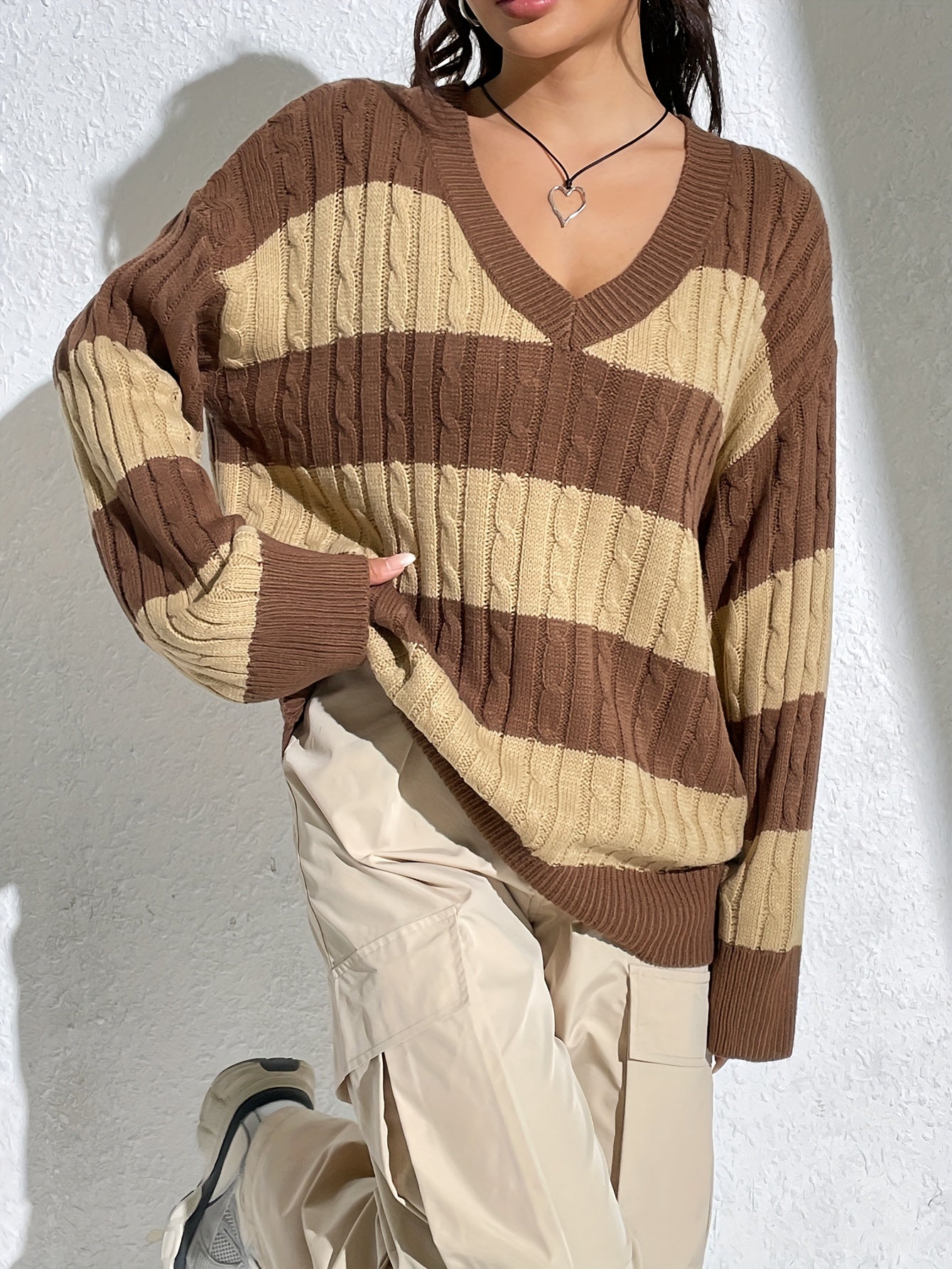 Sixsr Color Block V Neck Cable Knit Sweater, Casual Long Sleeve Drop Shoulder Sweater, Women's Clothing