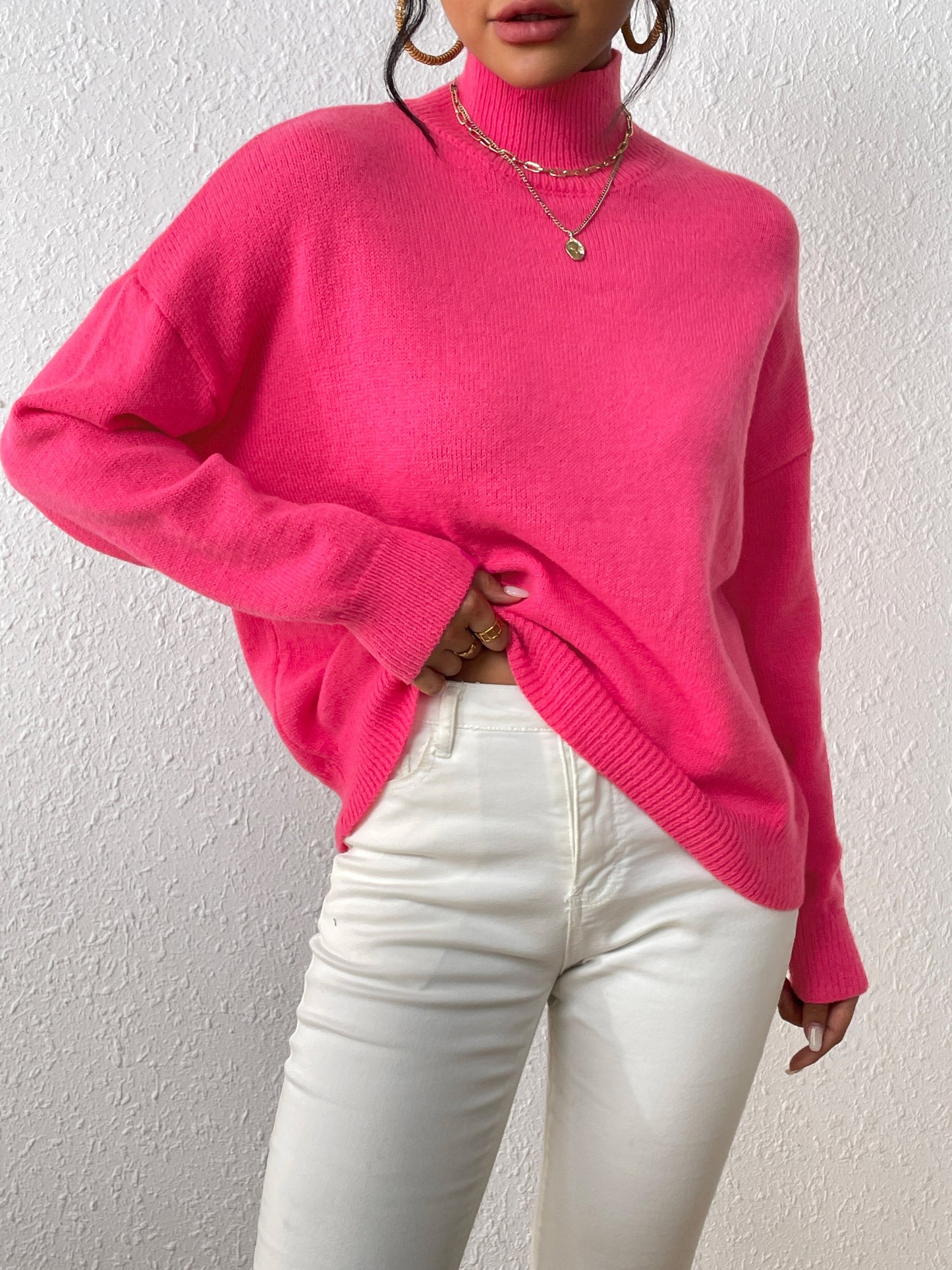 Sixsr Solid Mock Neck Knit Sweater, Casual Drop Shoulder Long Sleeve Sweater, Women's Clothing