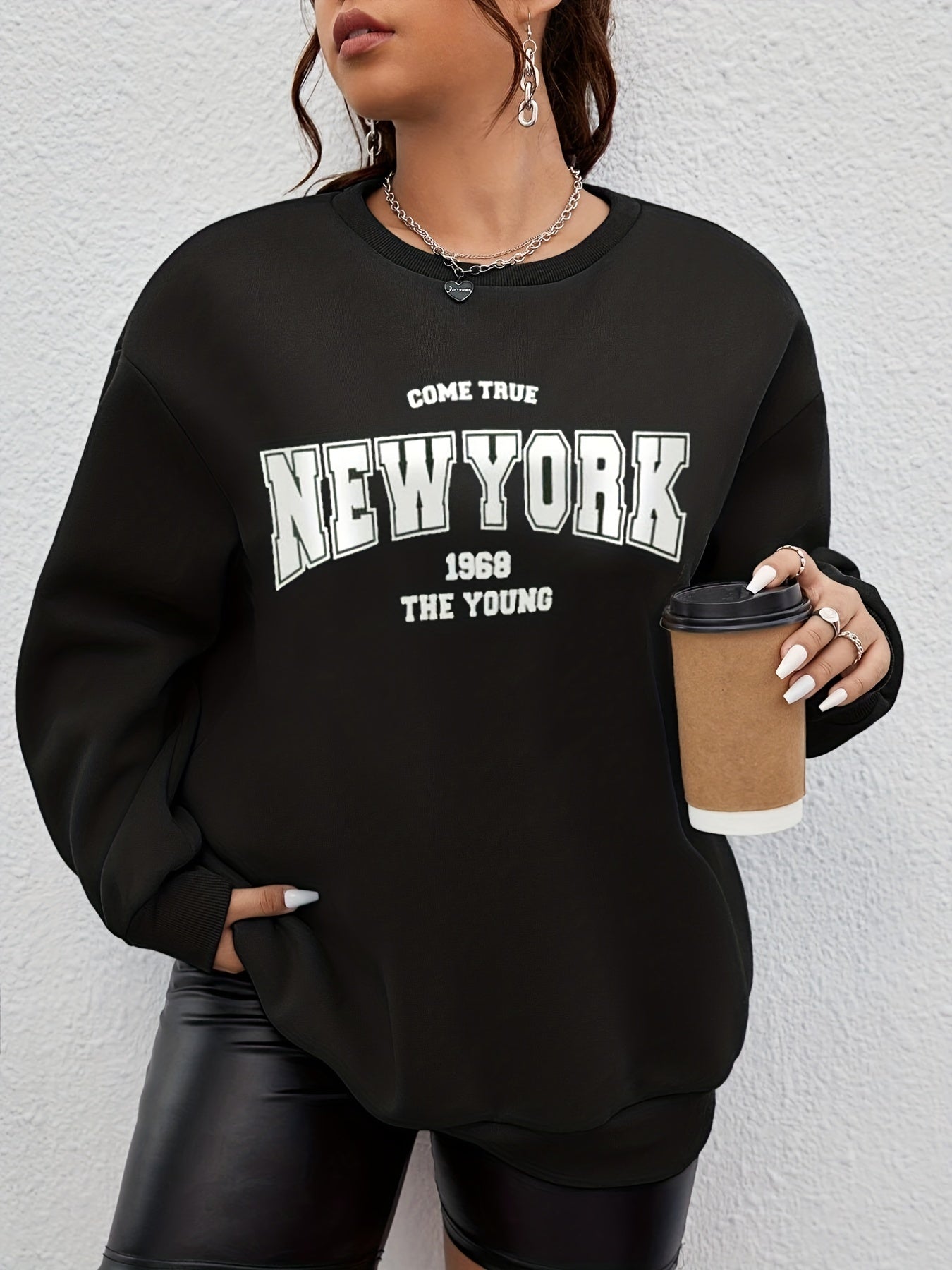 Sixsr Plus Size Casual Sweatshirt, Women's Plus Letter Print Drop Shoulder Long Sleeve Round Neck Sweatshirt