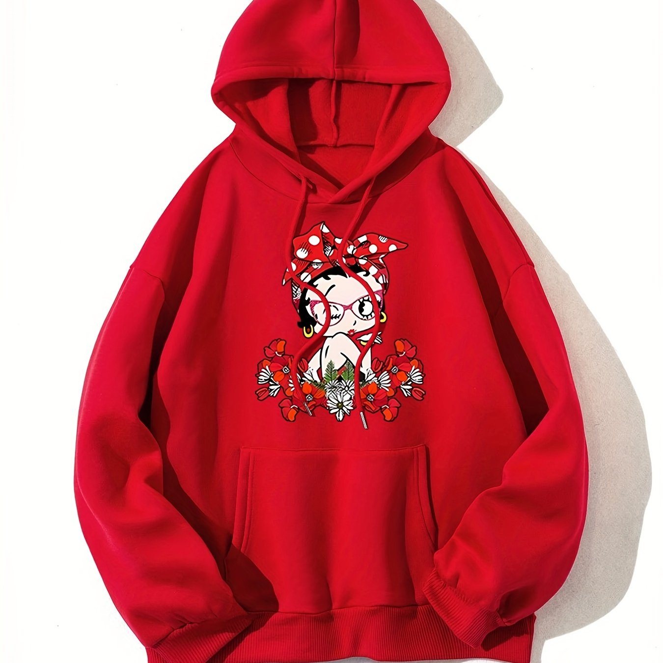 Sixsr Plus Size Casual Sweatshirt, Women's Plus Cute Lady & Floral Print Long Sleeve Drawstring Hooded Pullover Sweatshirt With Kangaroo Pockets, Casual Tops For Fall & Winter, Plus Size Women's Clothing