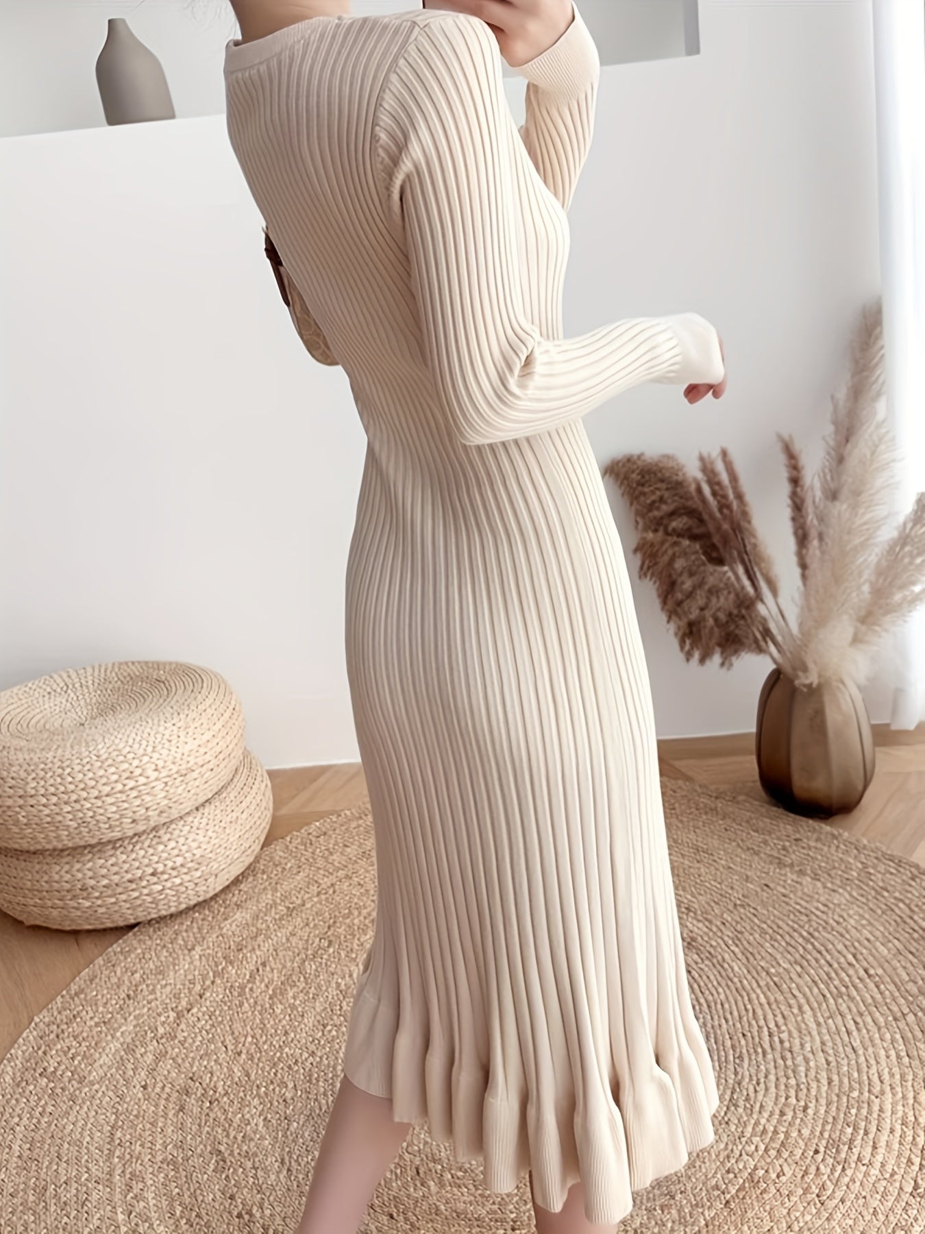 Sixsr Ribbed Ruffle Hem Dress, Elegant Crew Neck Long Sleeve Dress, Women's Clothing