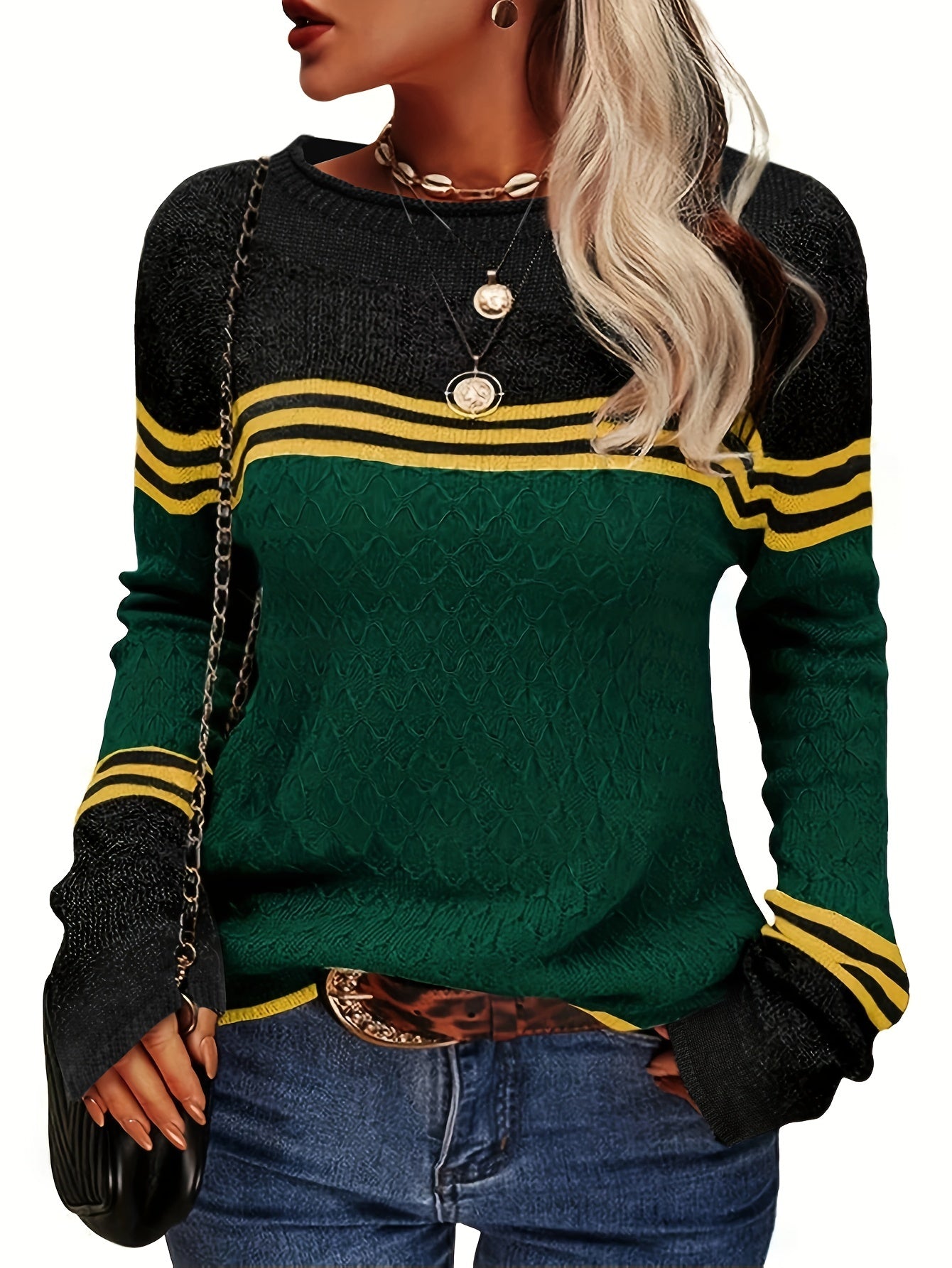 Sixsr Color Block Boat Neck Knitted Top, Casual Long Sleeve Pullover Sweater For Fall & Winter, Women's Clothing