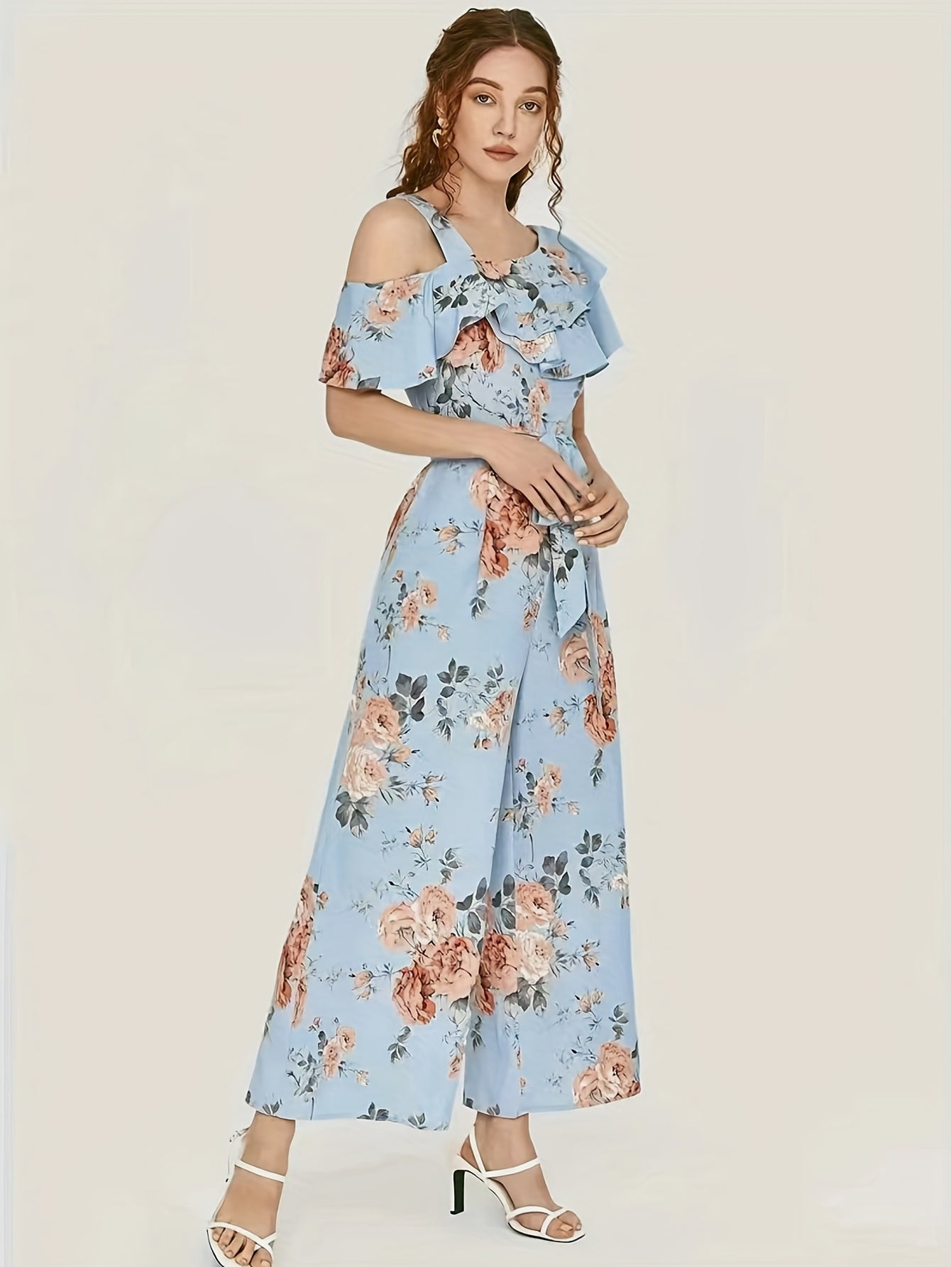 Floral Print Wide Leg Jumpsuit, Boho Ruffle Layered Hem Jumpsuit For Spring & Summer, Women's Clothing