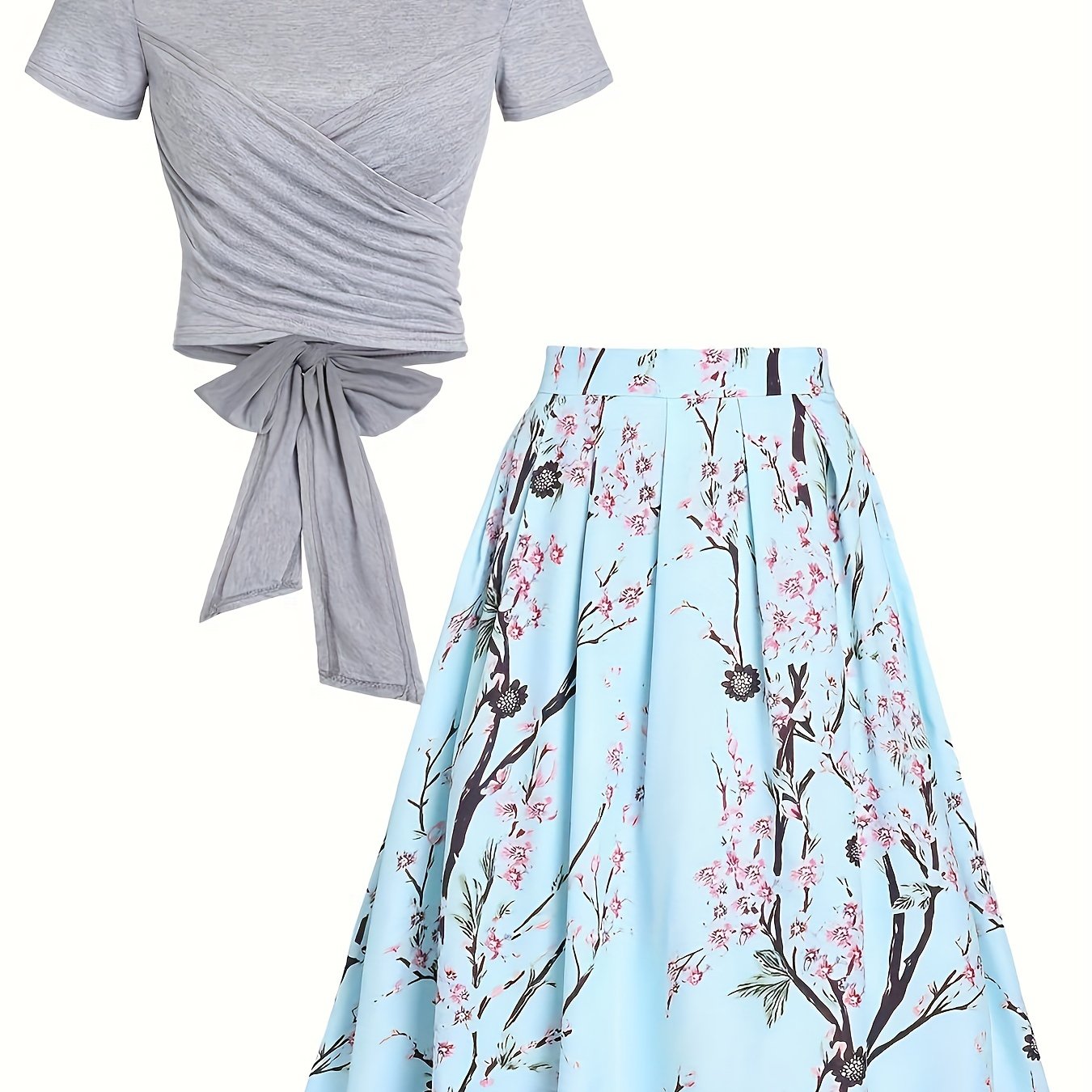 Women's Elegant Spring & Summer Two-piece Set - Floral Print Pleated Skirt & Knotted Short Sleeve Tee Outfit