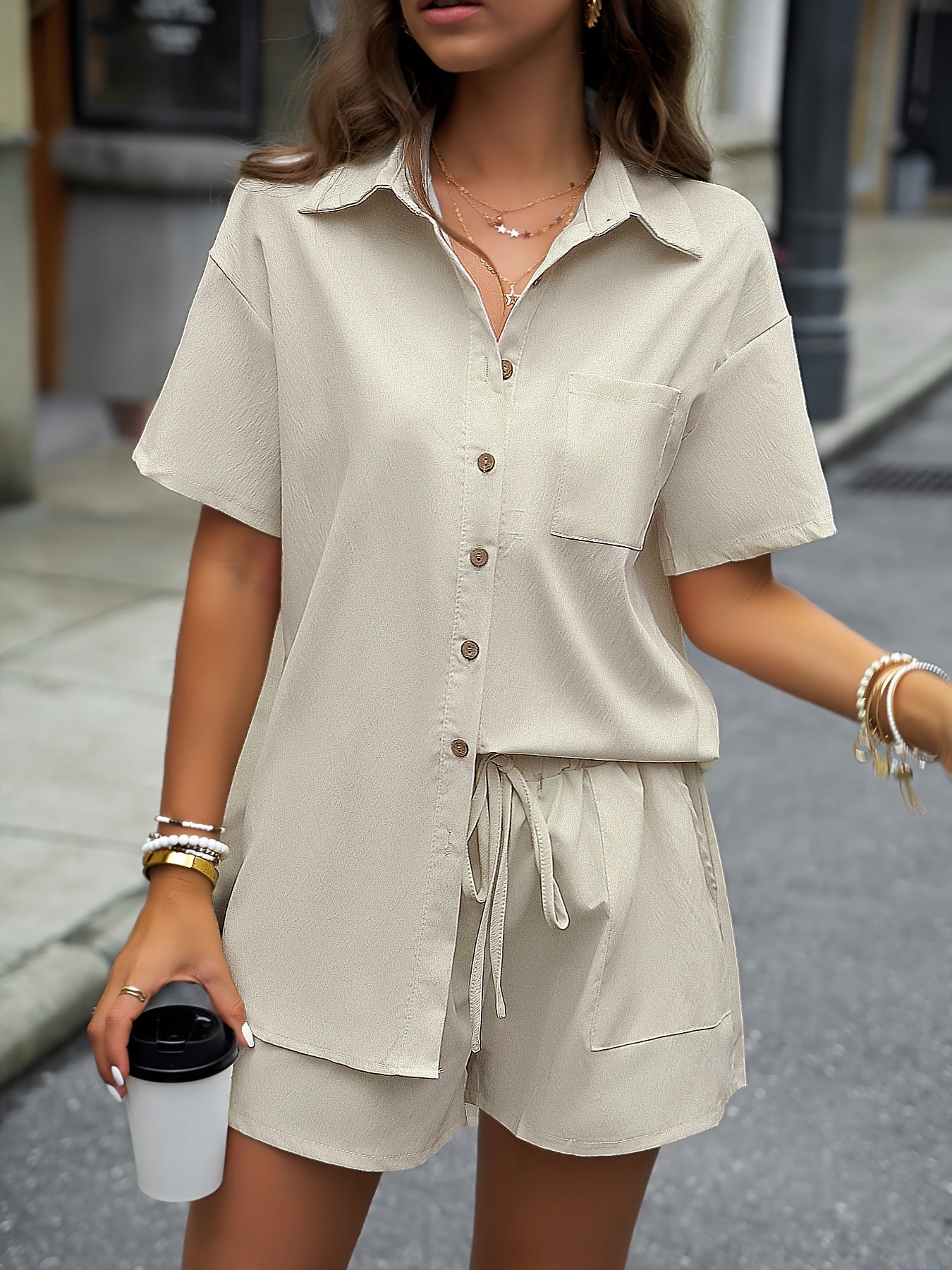 Sixsr Solid Casual Two-piece Set, Button Front Turn Down Collar Mid Length Shirt & Drawstring Elastic Waist Shorts Outfits, Women's Clothing