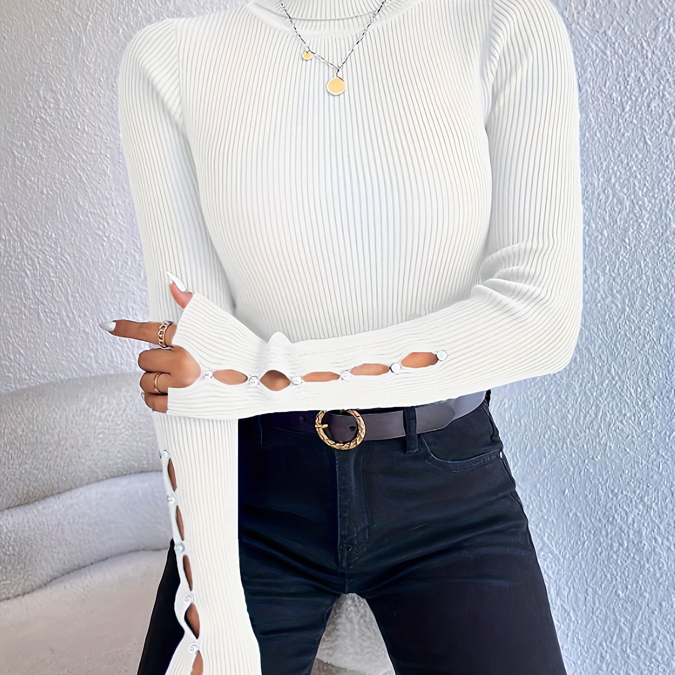 Sixsr Beaded Cut Out Turtle Neck Pullover Sweater, Elegant Long Sleeve Slim Rib Knit Sweater, Women's Clothing