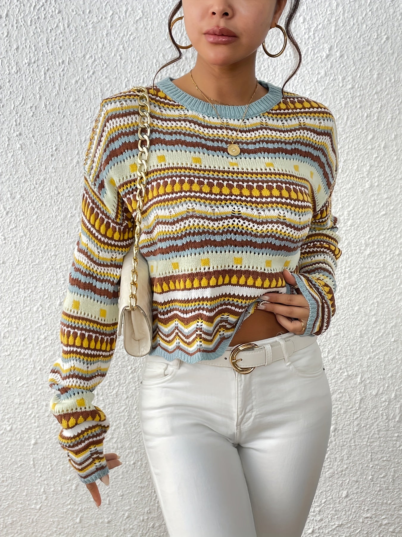 Sixsr Ethnic Print Eyelet Knit Sweater, Casual Crew Neck Long Sleeve Drop Shoulder Sweater, Women's Clothing