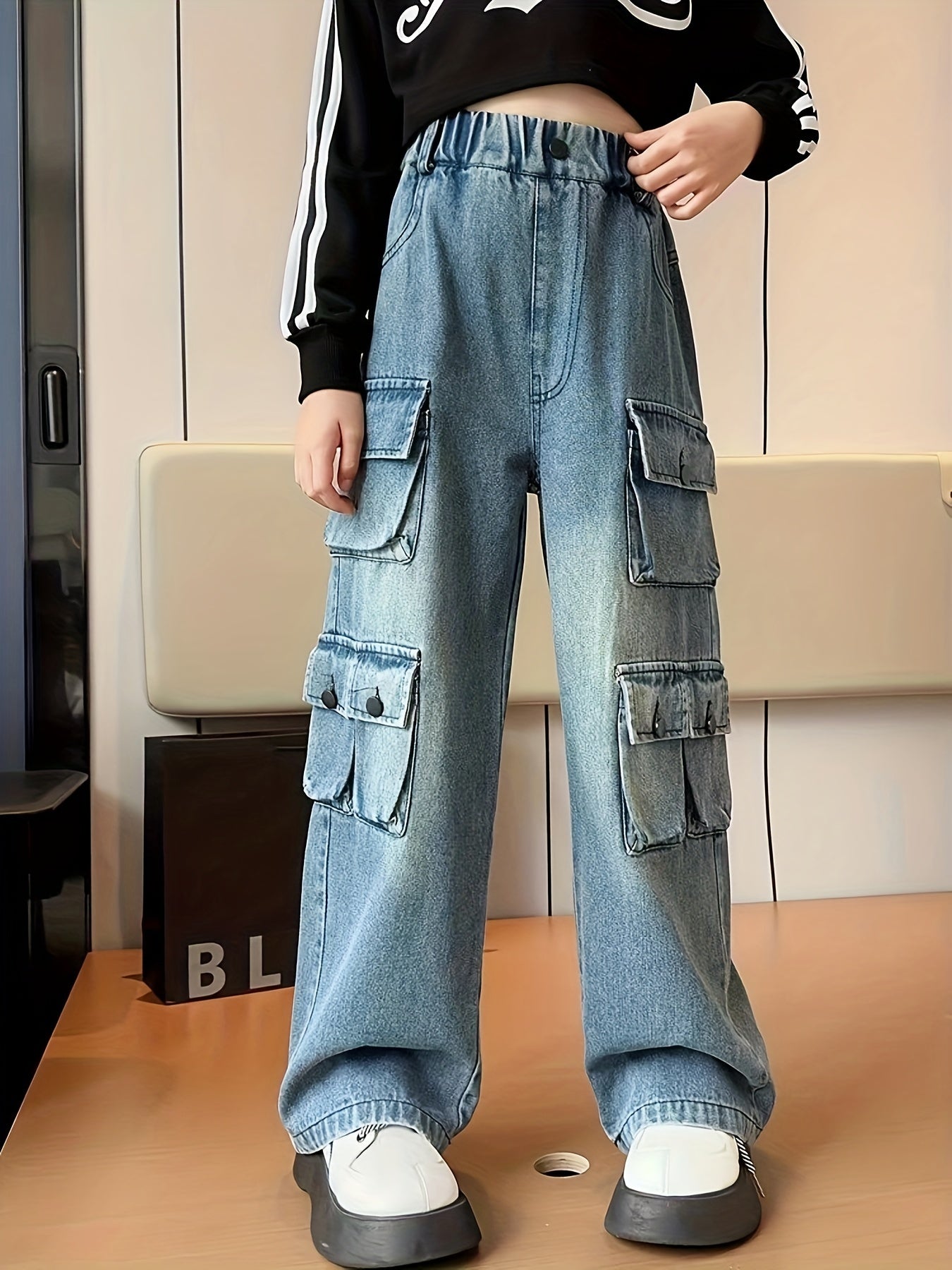 Sixsr Girls' Autumn/winter Trousers, Trendy Loose Straight Multi-pocket Cargo Denim Pants, Kids' Jeans For Outdoor, Kids Clothing