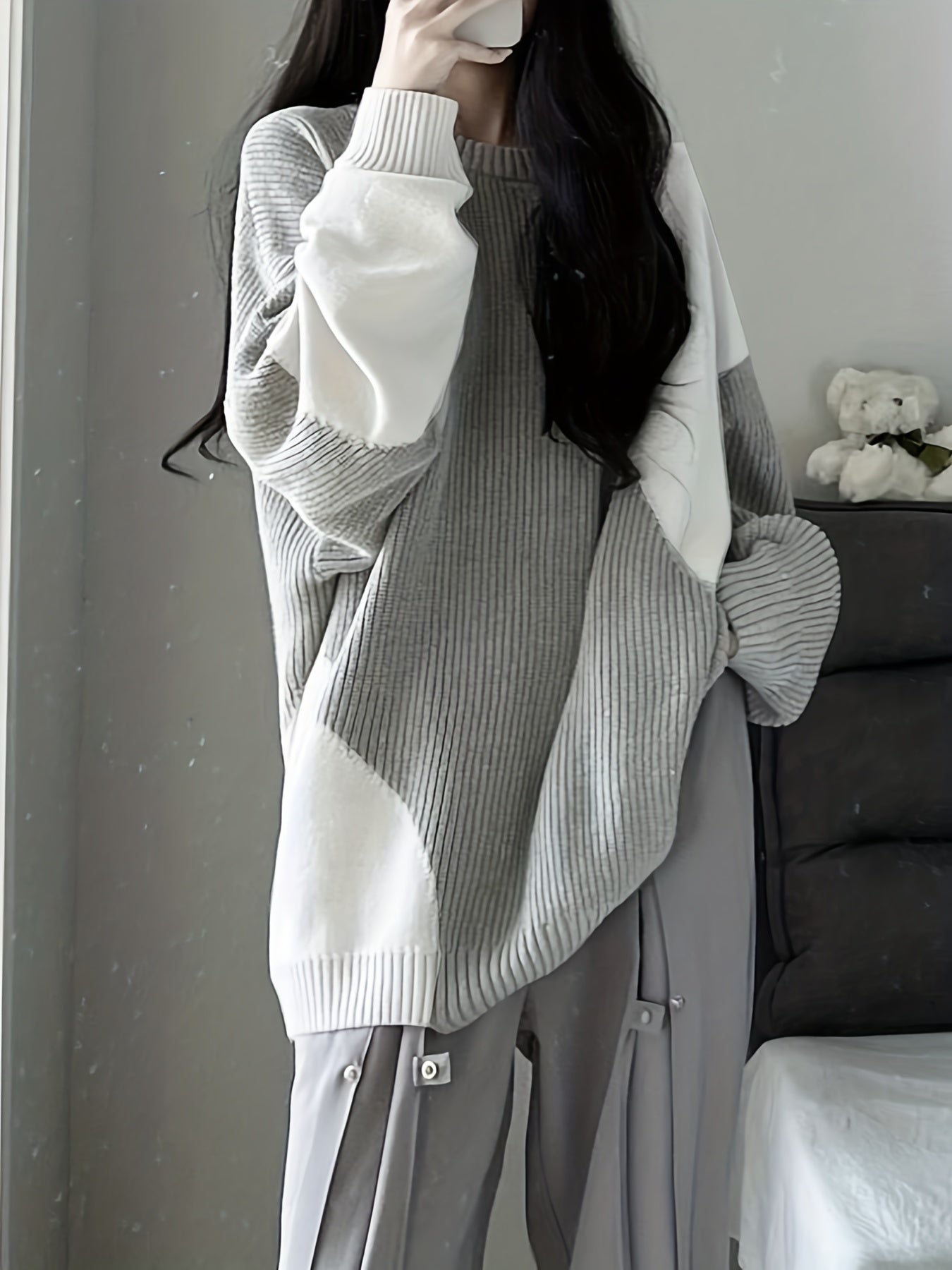 Sixsr Color Block Oversized Pullover Sweater, Casual Crew Neck Long Sleeve Sweater, Women's Clothing