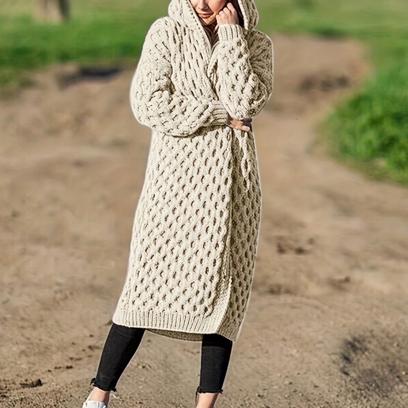 Sixsr Solid Open Front Hooded Cardigan, Casual Long Sleeve Long Length Sweater For Fall & Winter, Women's Clothing