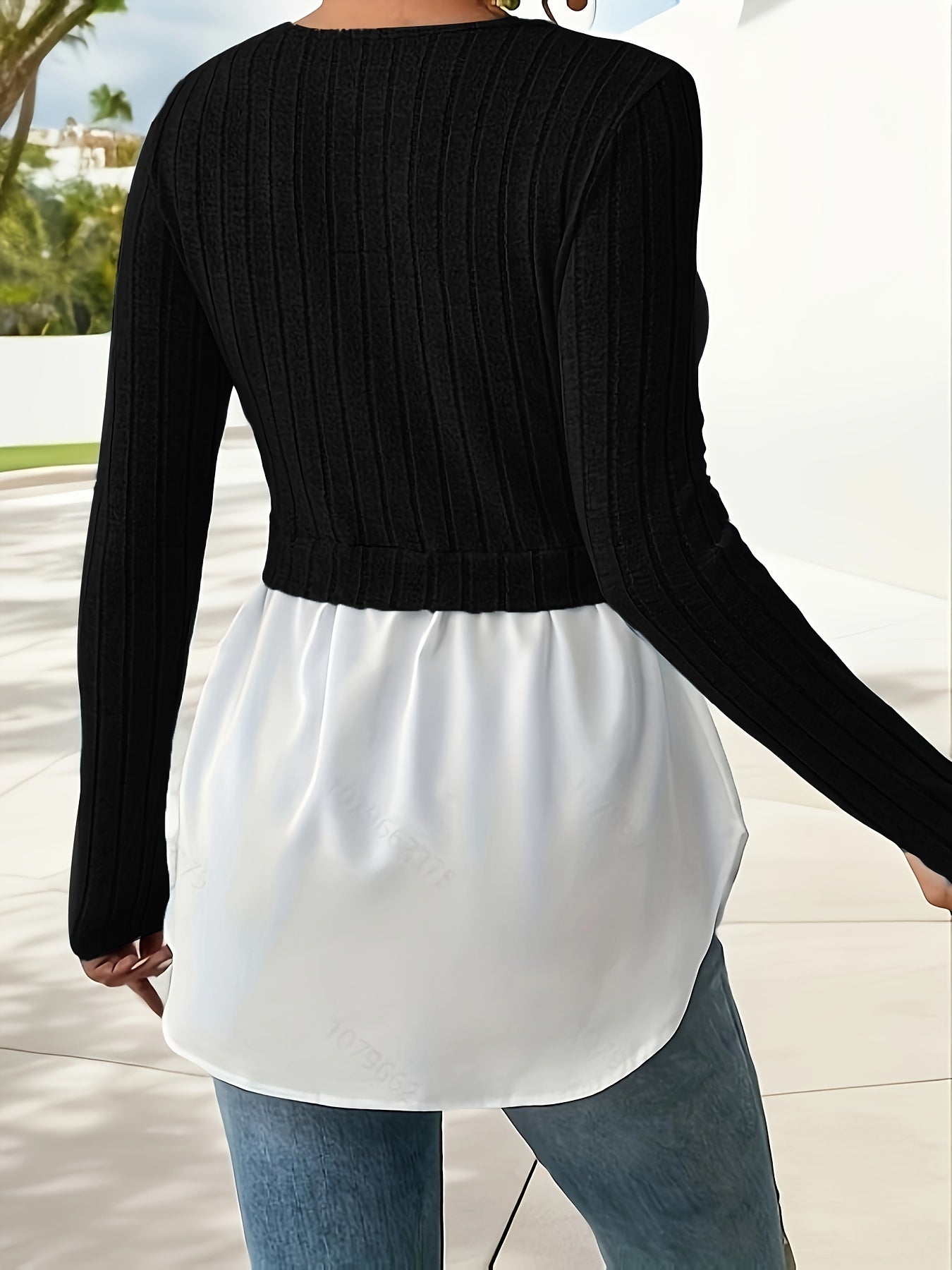 Sixsr 2 In 1 Ribbed Paneled Crew Neck T-Shirt, Casual Long Sleeve Top For Spring & Fall, Women's Clothing