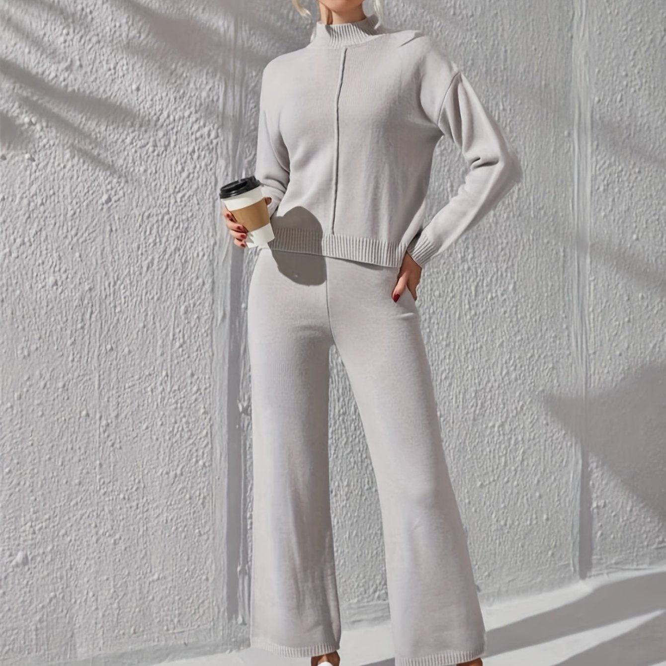 Women's two-piece Solid Casual Set - Stand Collar Long Sleeve Top & Wide Leg Pants Outfit for Comfortable & Stylish Look