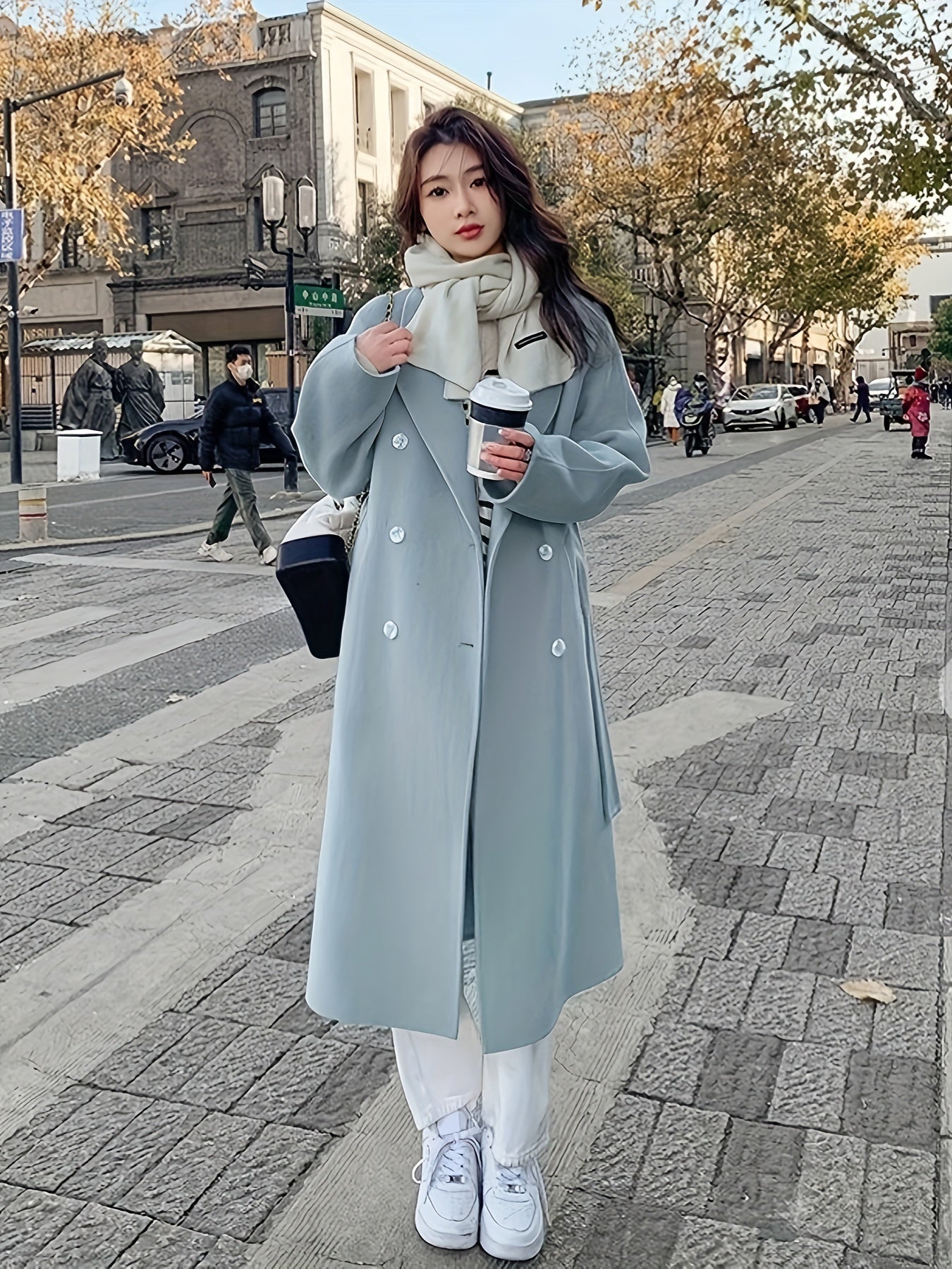 Sixsr Solid Double Breasted Lapel Overcoat, Elegant Long Sleeve Belted Winter Outwear, Women's Clothing