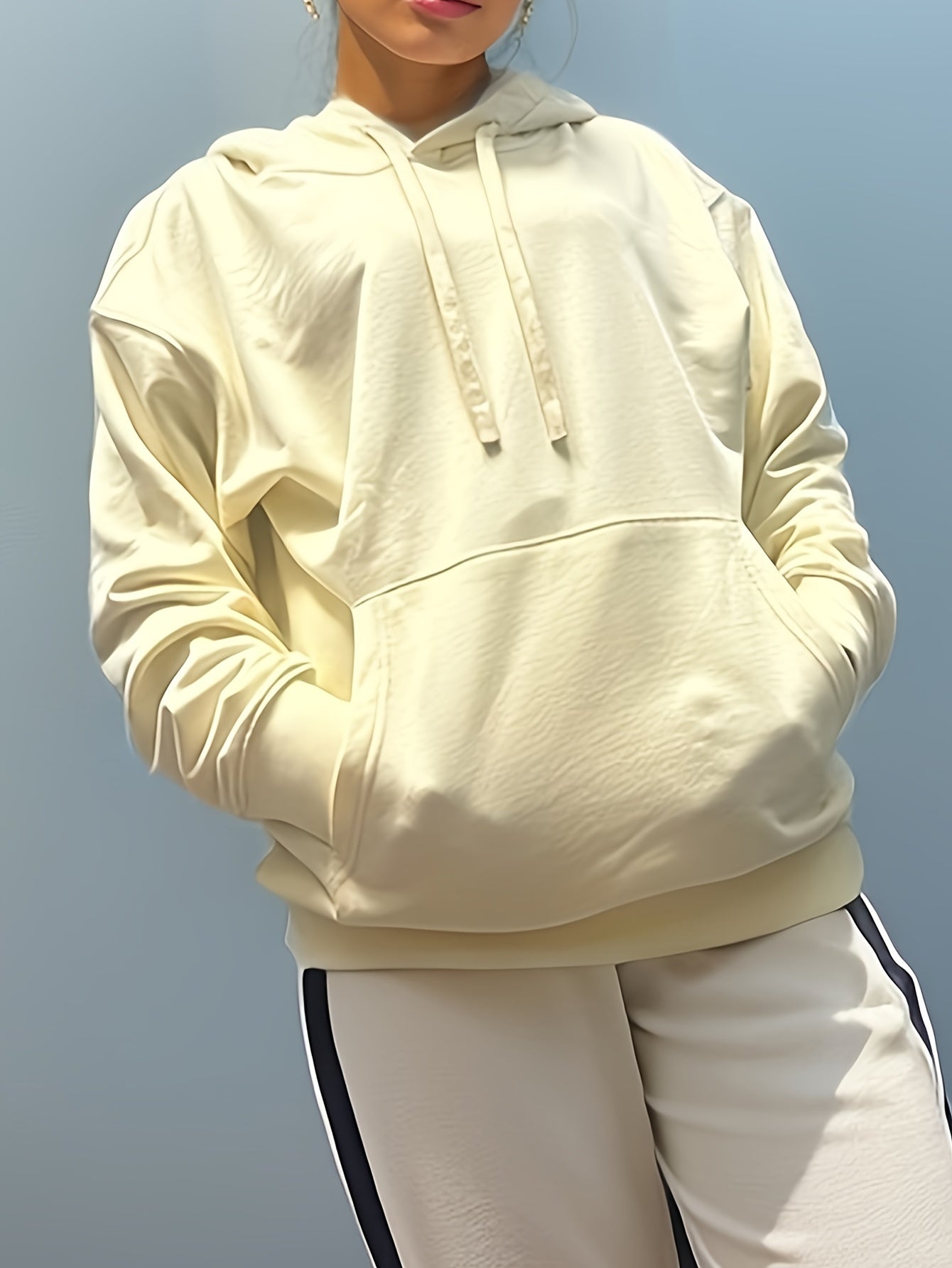 Sixsr Solid Color Kangaroo Pocket Hoodie, Casual Long Sleeve Drawstring Hoodie Sweatshirt, Women's Clothing