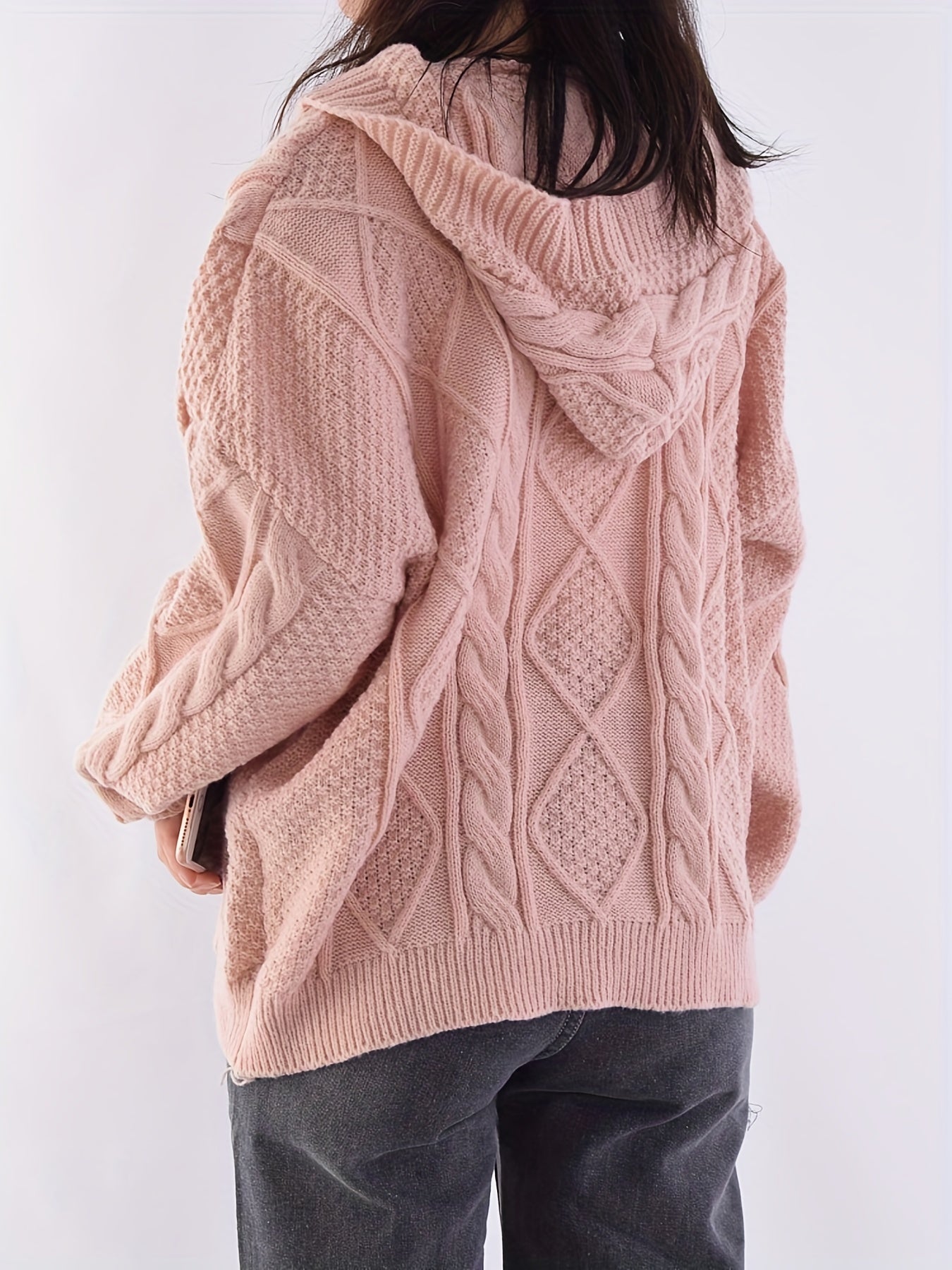 Sixsr Twist Pattern Button Up Hooded Cardigan, Casual Long Sleeve Cardigan For Fall & Winter, Women's Clothing