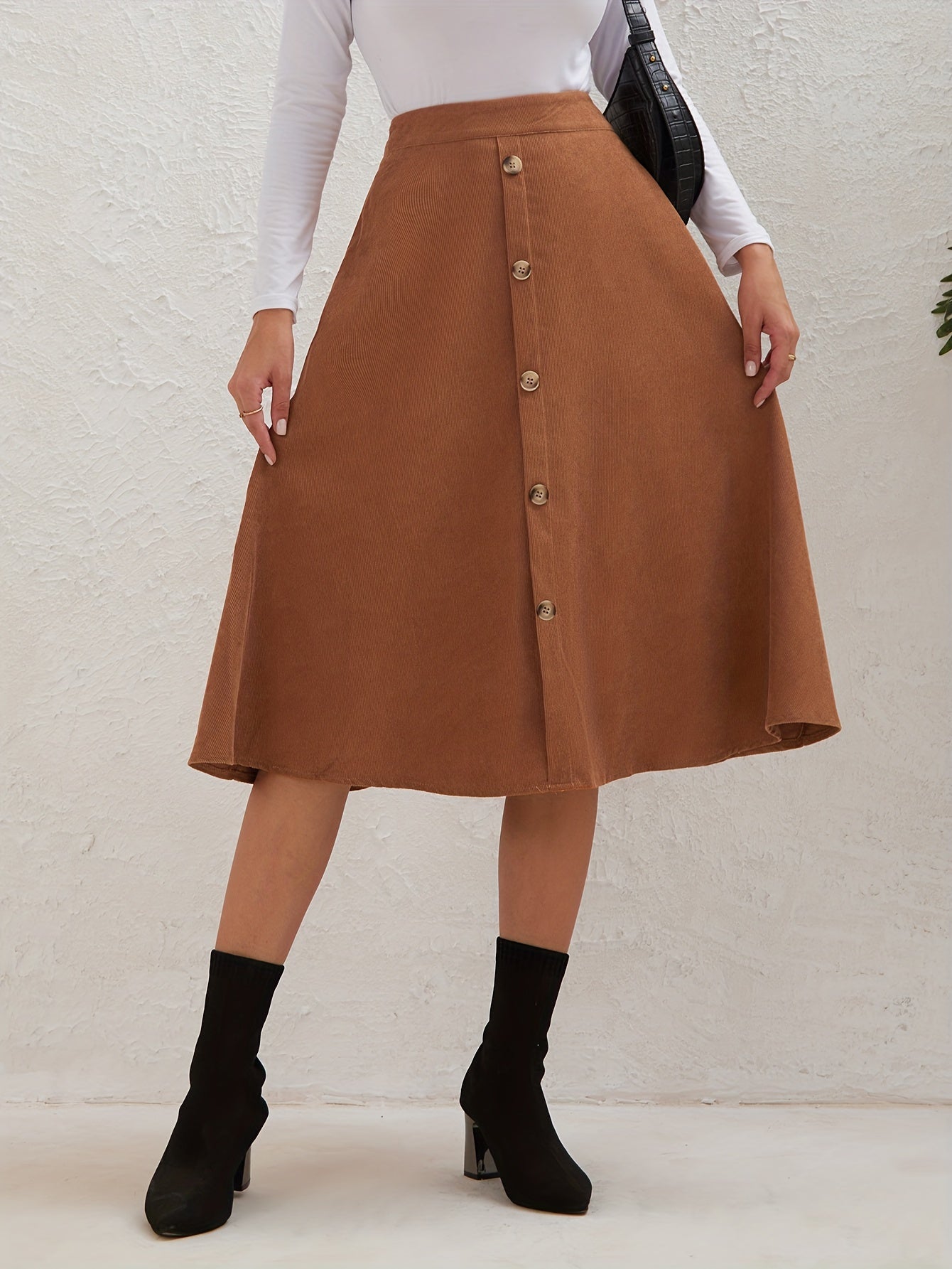 Sixsr Casual Faux Suede Long Skirts, High Waist Button Fashion Skirts, Women's Clothing