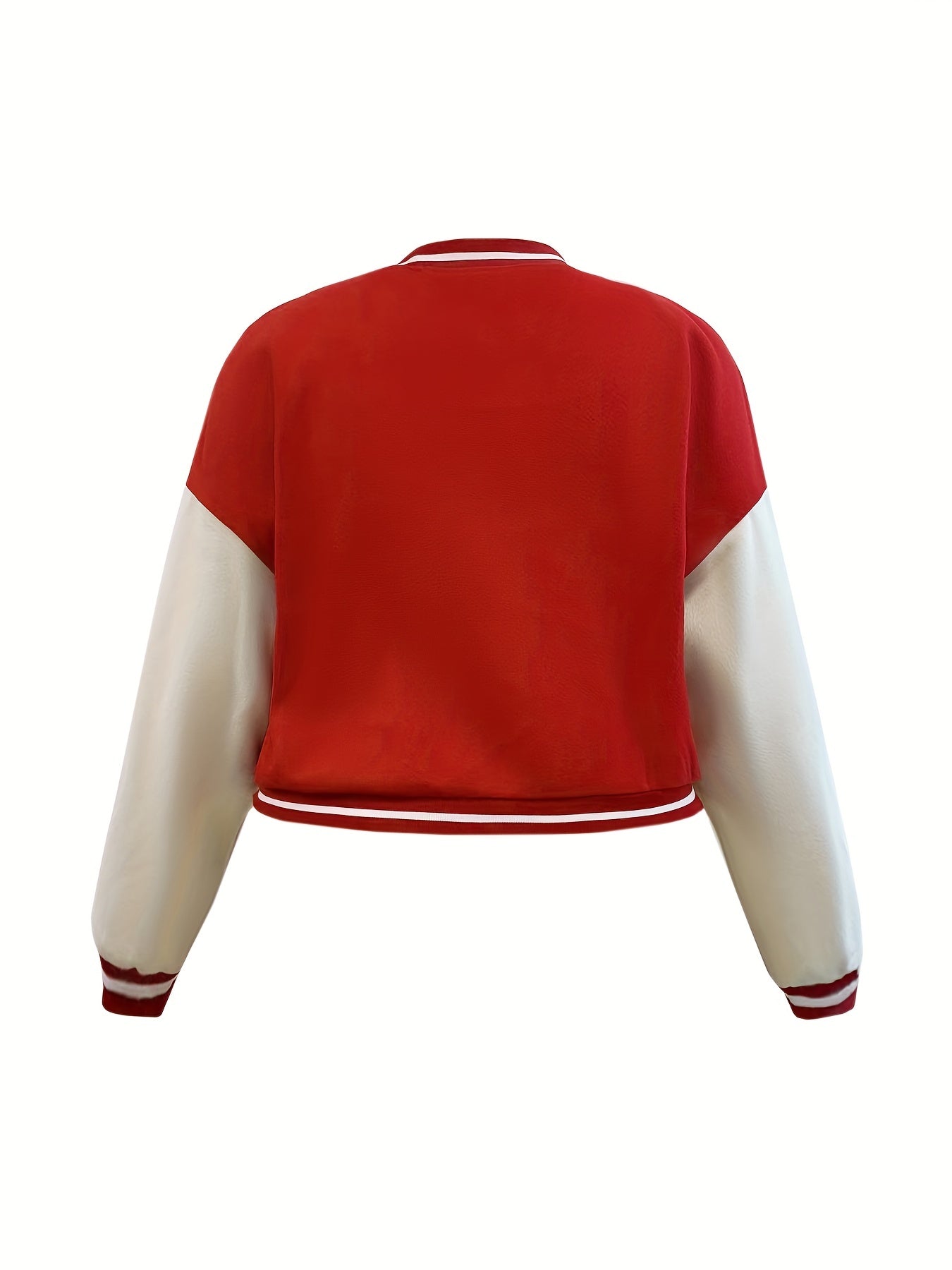 Sixsr Plus Size Casual Jacket, Women's Plus Letter Patched Button Up Striped Trim Drop Shoulder Crop Varsity Jacket