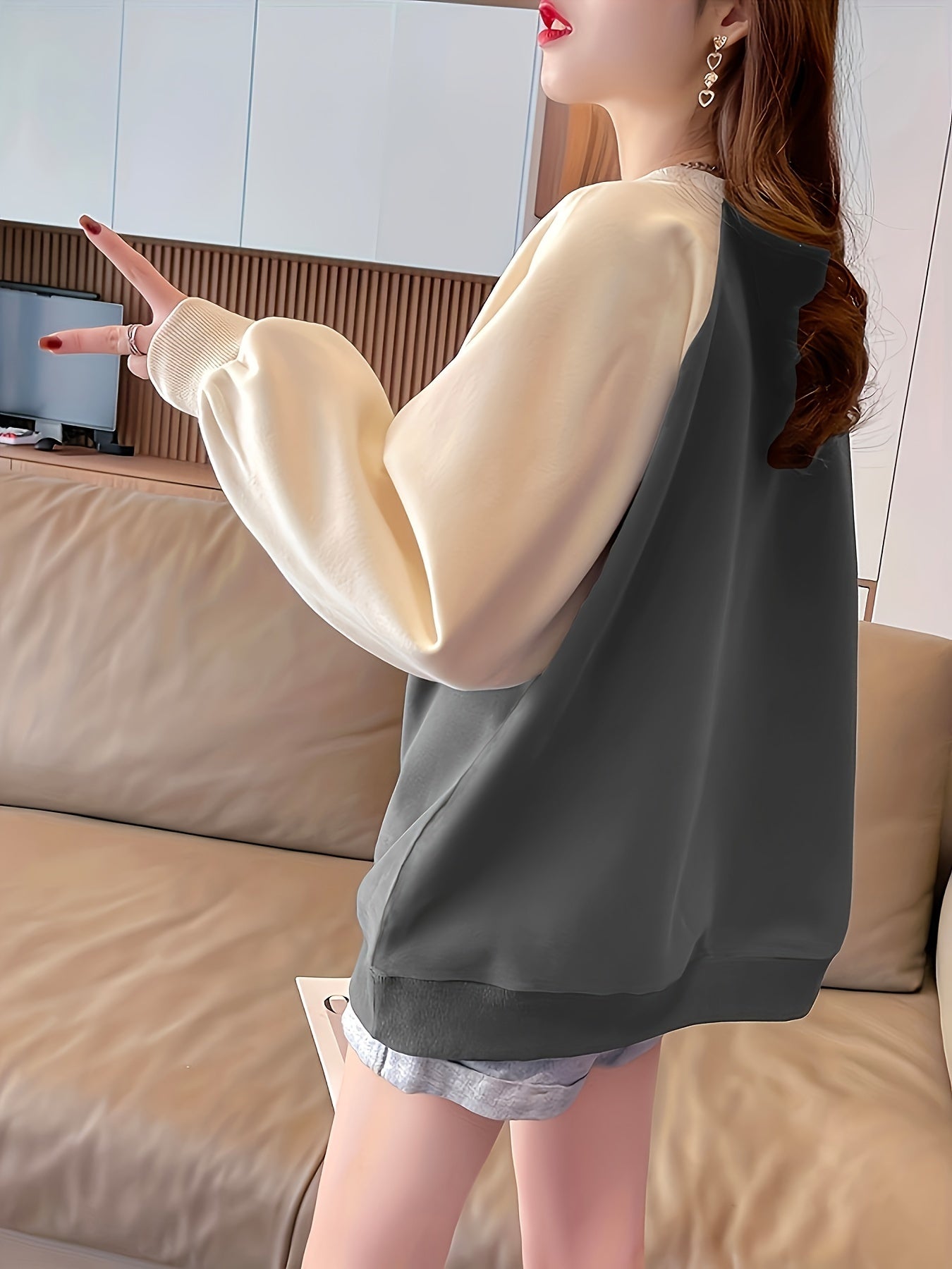 Sixsr Patched Rabbit Sweatshirt, Casual Raglan Neck Long Sleeve Sweatshirt, Women's Clothing