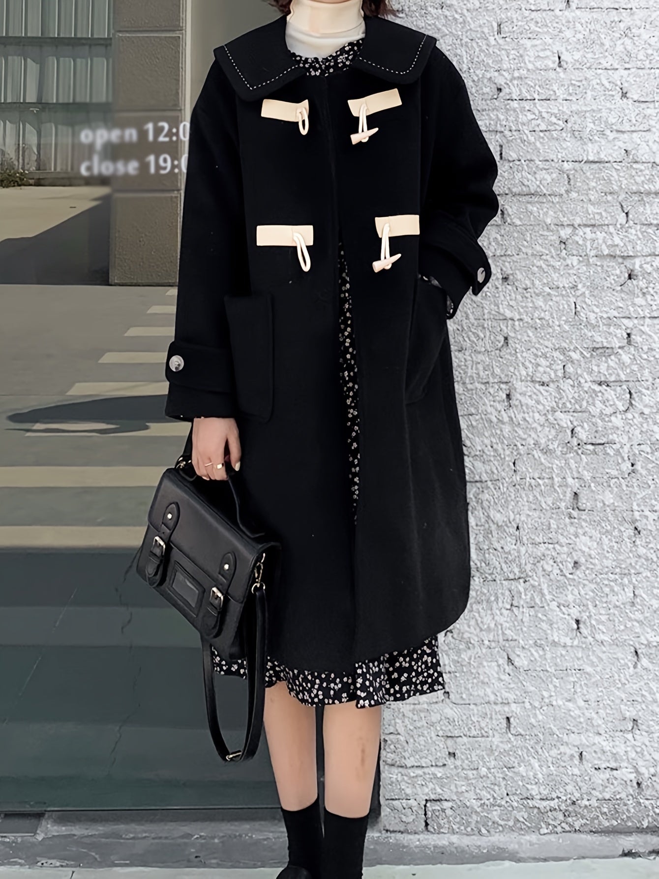 Sixsr Peter Pan Collar Patched Pockets Overcoat, Preppy Long Sleeve Button Front Overcoat, Women's Clothing