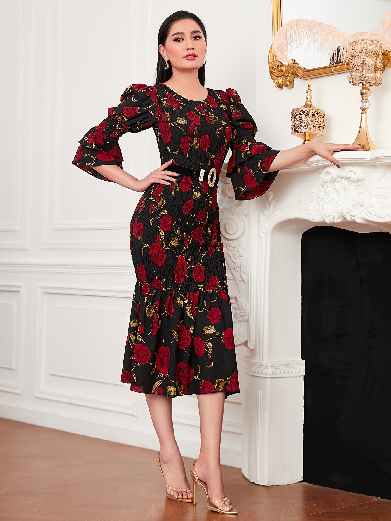 Sixsr Floral Print Layered Dress, Elegant Crew Neck Ruffle Hem Dress, Women's Clothing