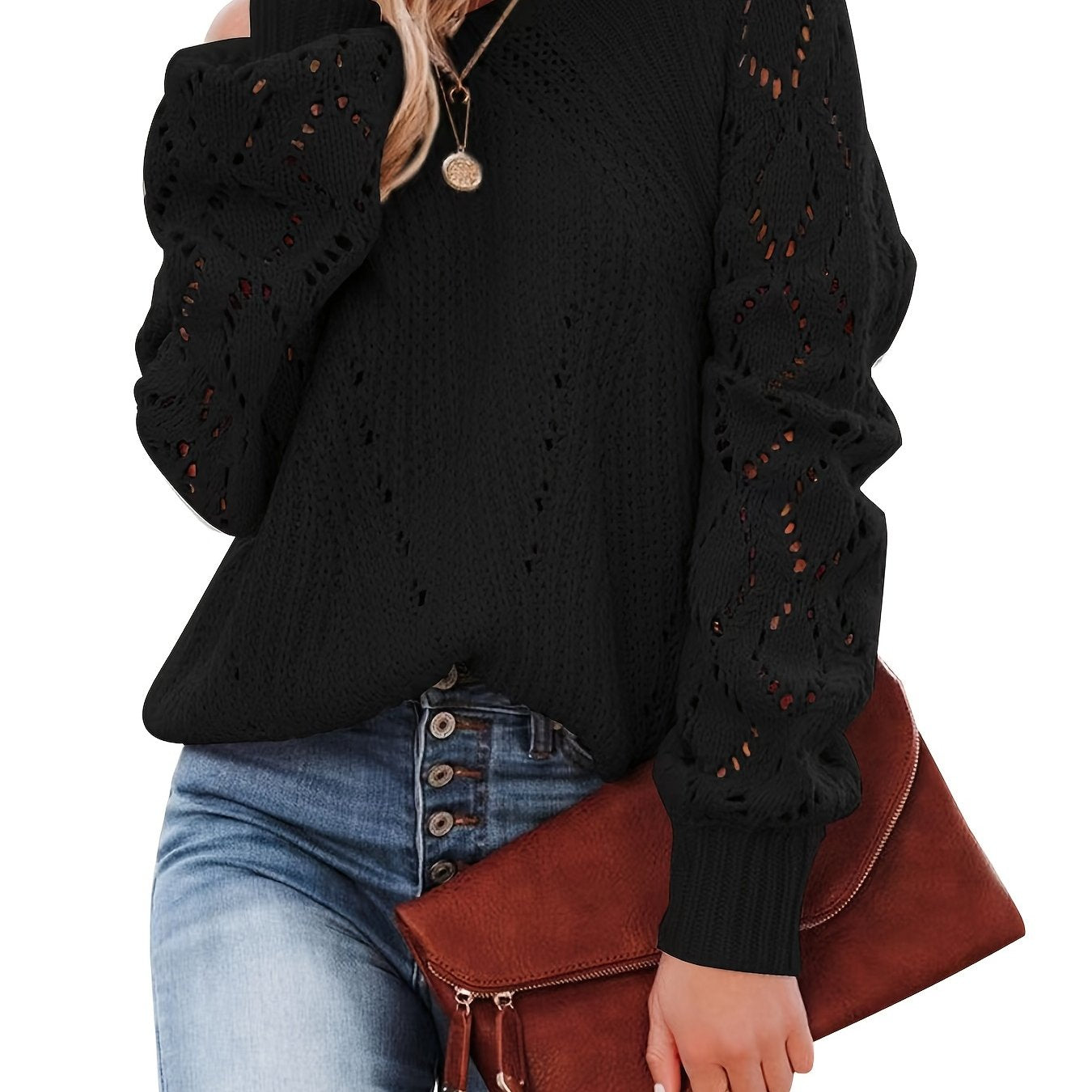 Sixsr Plus Size Casual Sweater, Women's Plus Solid Eyelet Embroidered Lantern Sleeve Round Neck Slight Stretch Sweater