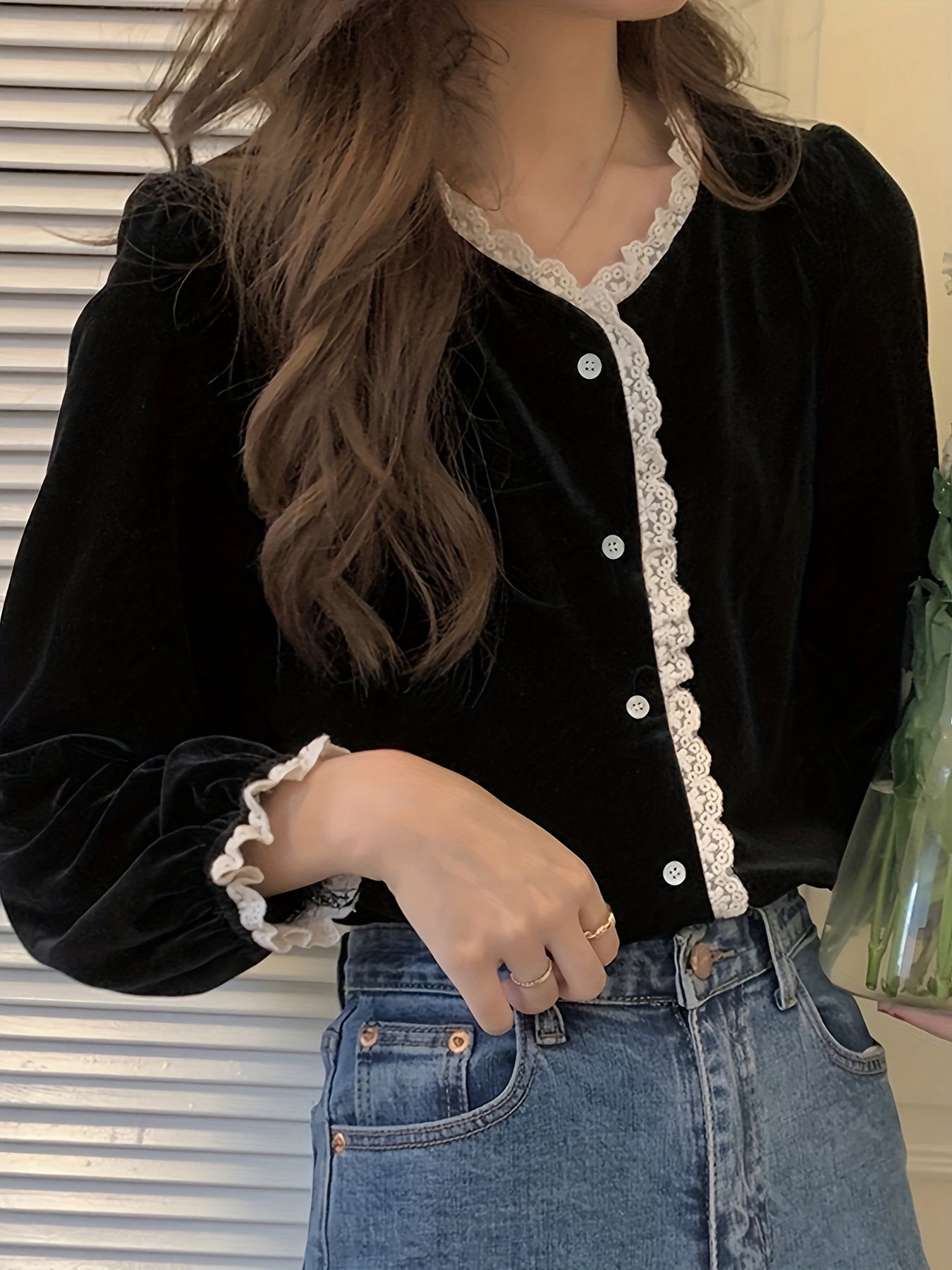 Sixsr Lace Stitching V-neck Velvet Blouse, Vintage Long Sleeve Button Front Blouse For Spring & Fall, Women's Clothing