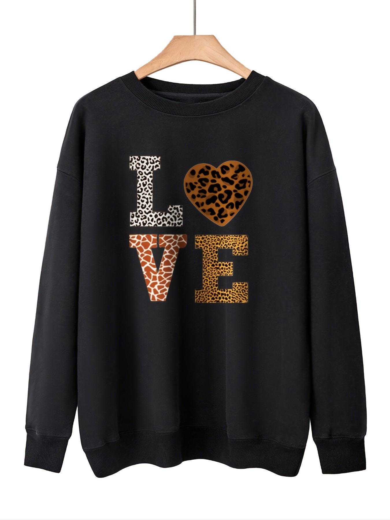 Sixsr Leopard Love Graphic Print Pullover, Vintage Long Sleeve Casual Sweatshirt For Winter & Fall, Women's Clothing