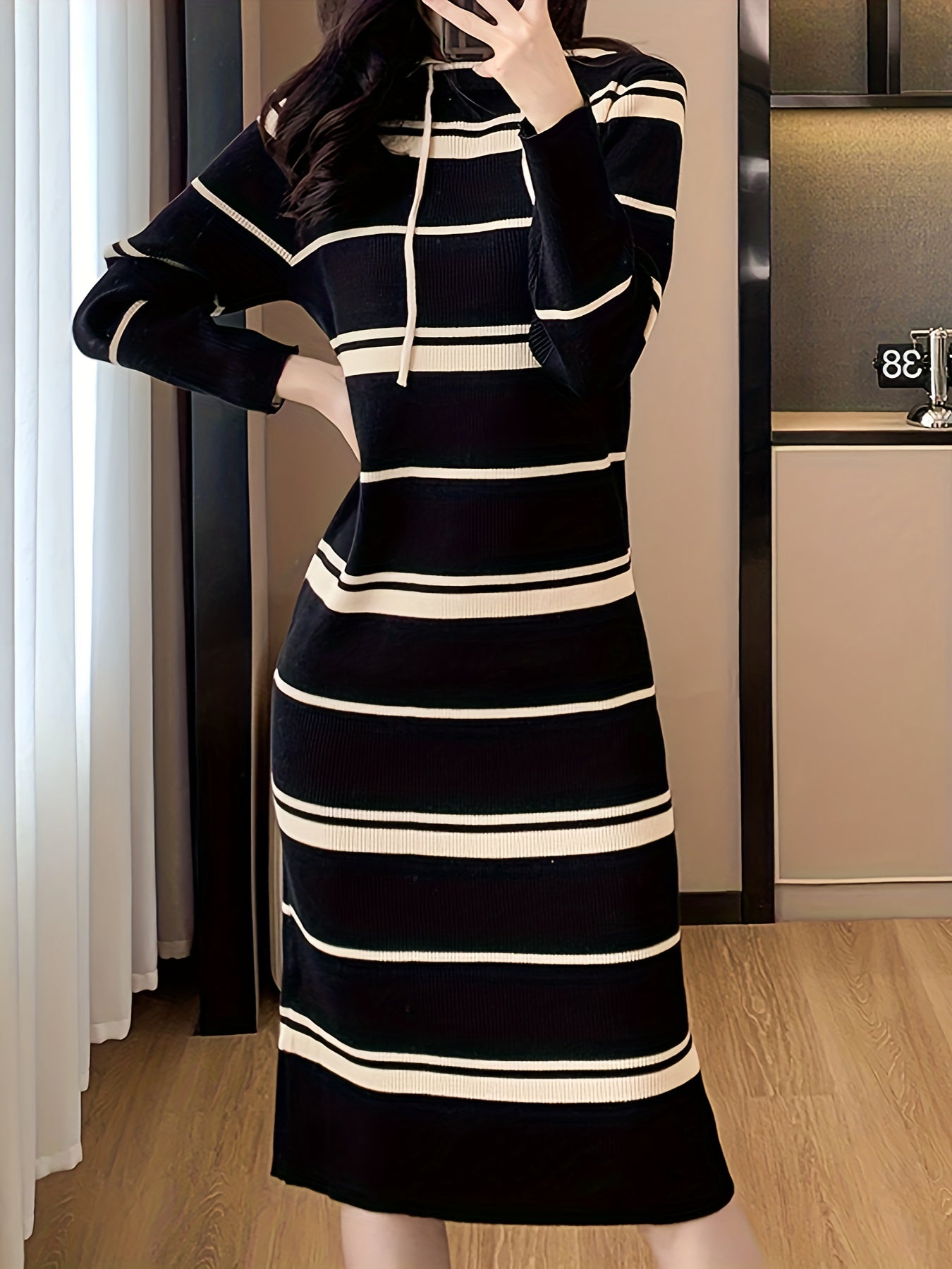 Sixsr Striped Pattern Drawstring Dress, Casual Hooded Bodycon Midi Dress, Women's Clothing