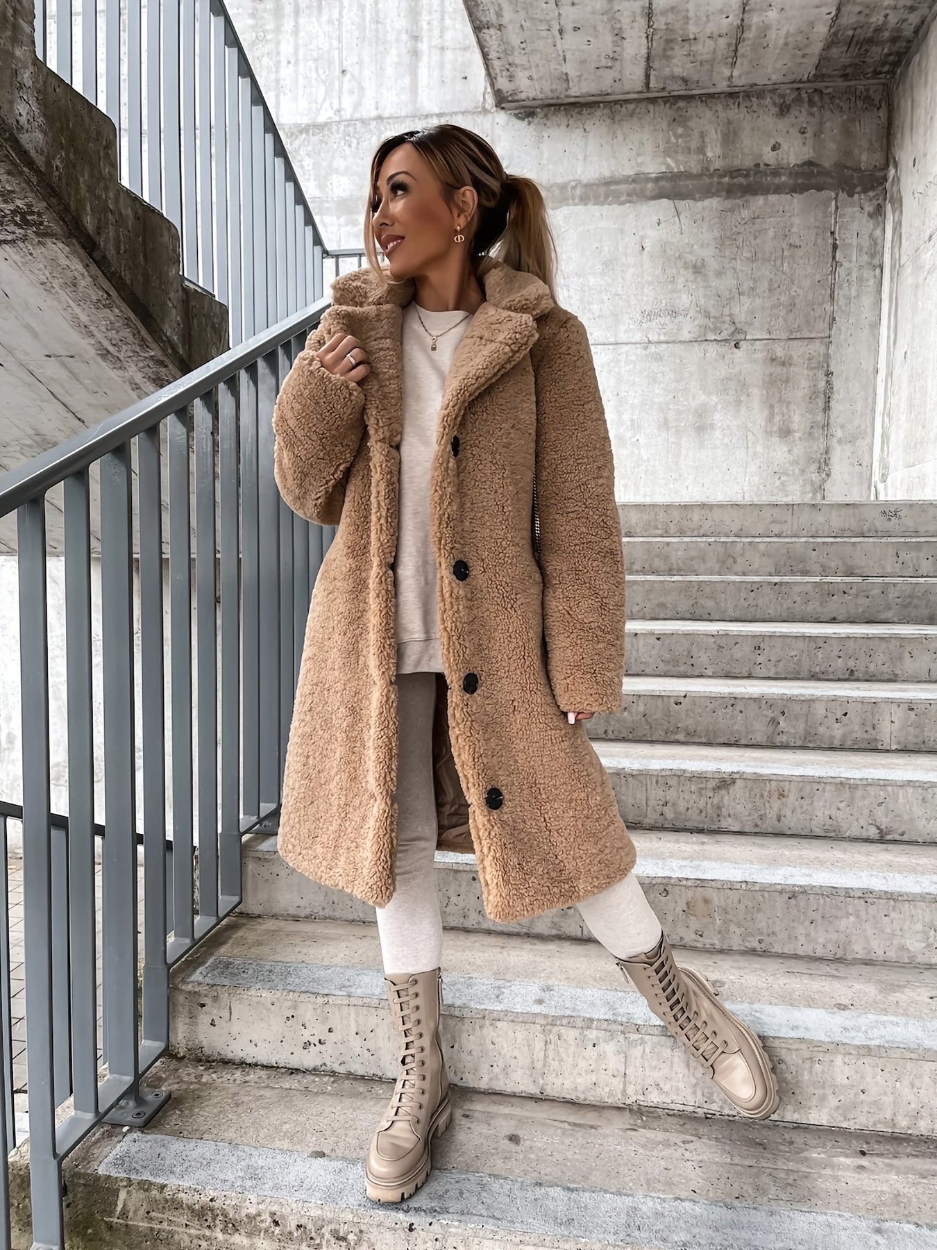 Sixsr Button Up Warm Long Coat, Long Sleeve Solid Outerwear For Winter & Fall, Women's Clothing