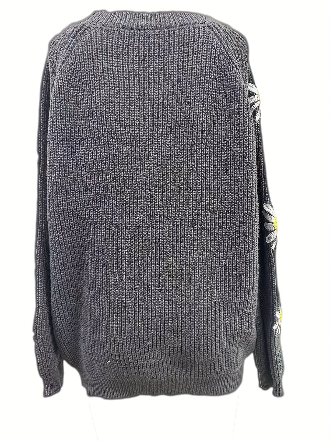 Sixsr Plus Size Casual Sweater, Women's Plus Floral Embroidery Long Sleeve Round Neck Slight Stretch Sweater