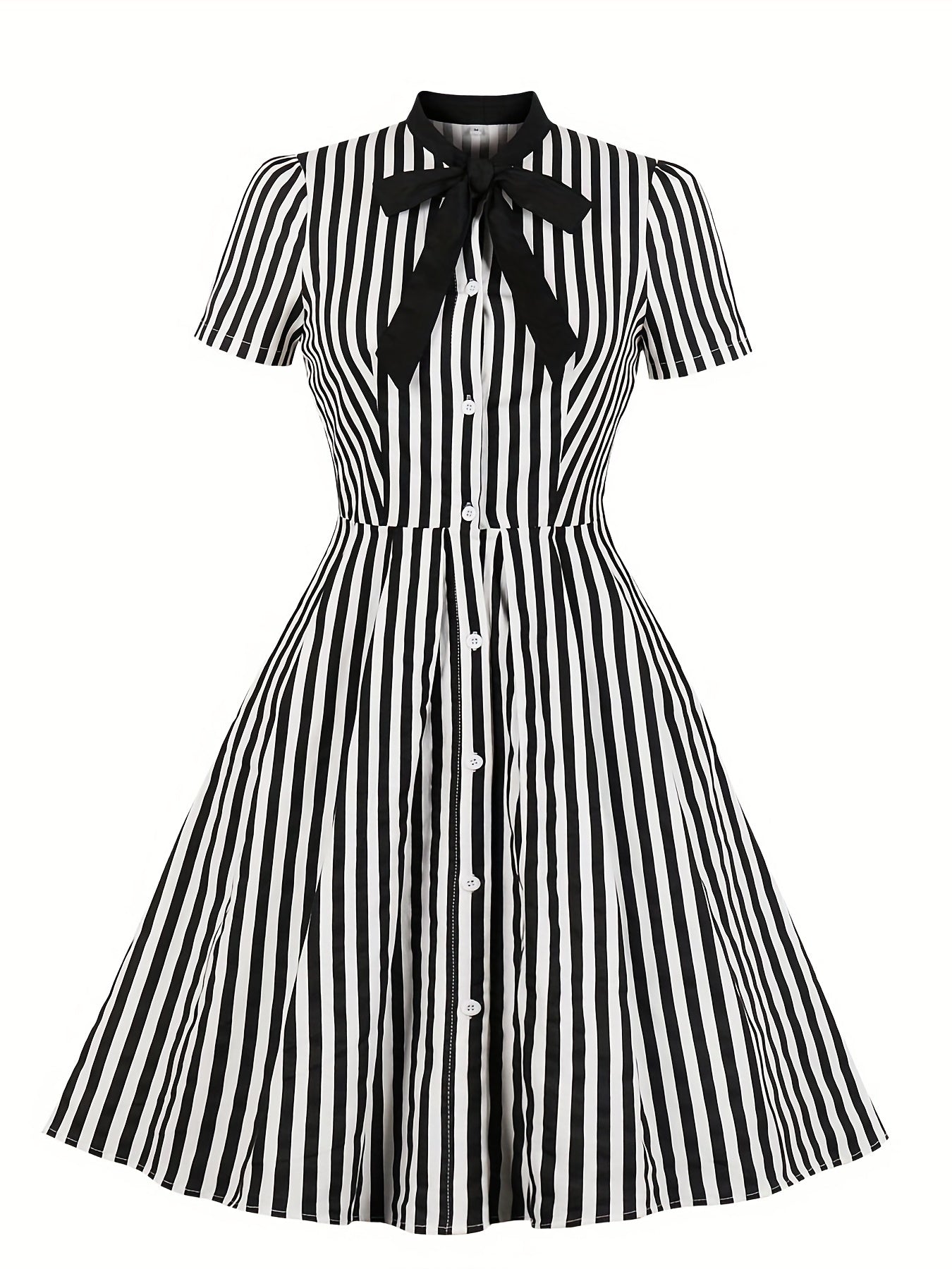Women's Plus Size Preppy Dress - Stylish Stripe Print Button Up A-line Dress with Boe Knot and Slight Stretch