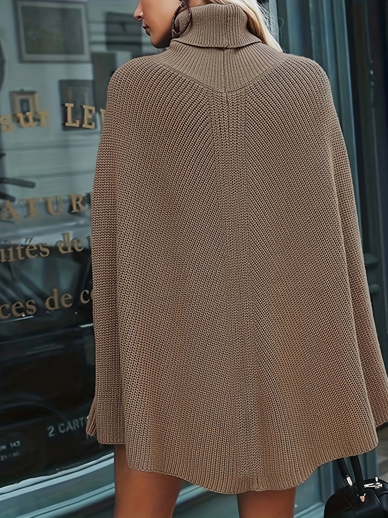 Sixsr Plus Size Casual Sweater, Women's Plus Solid Turtle Neck Split Sleeve Hig Stretch Oversized Sweater