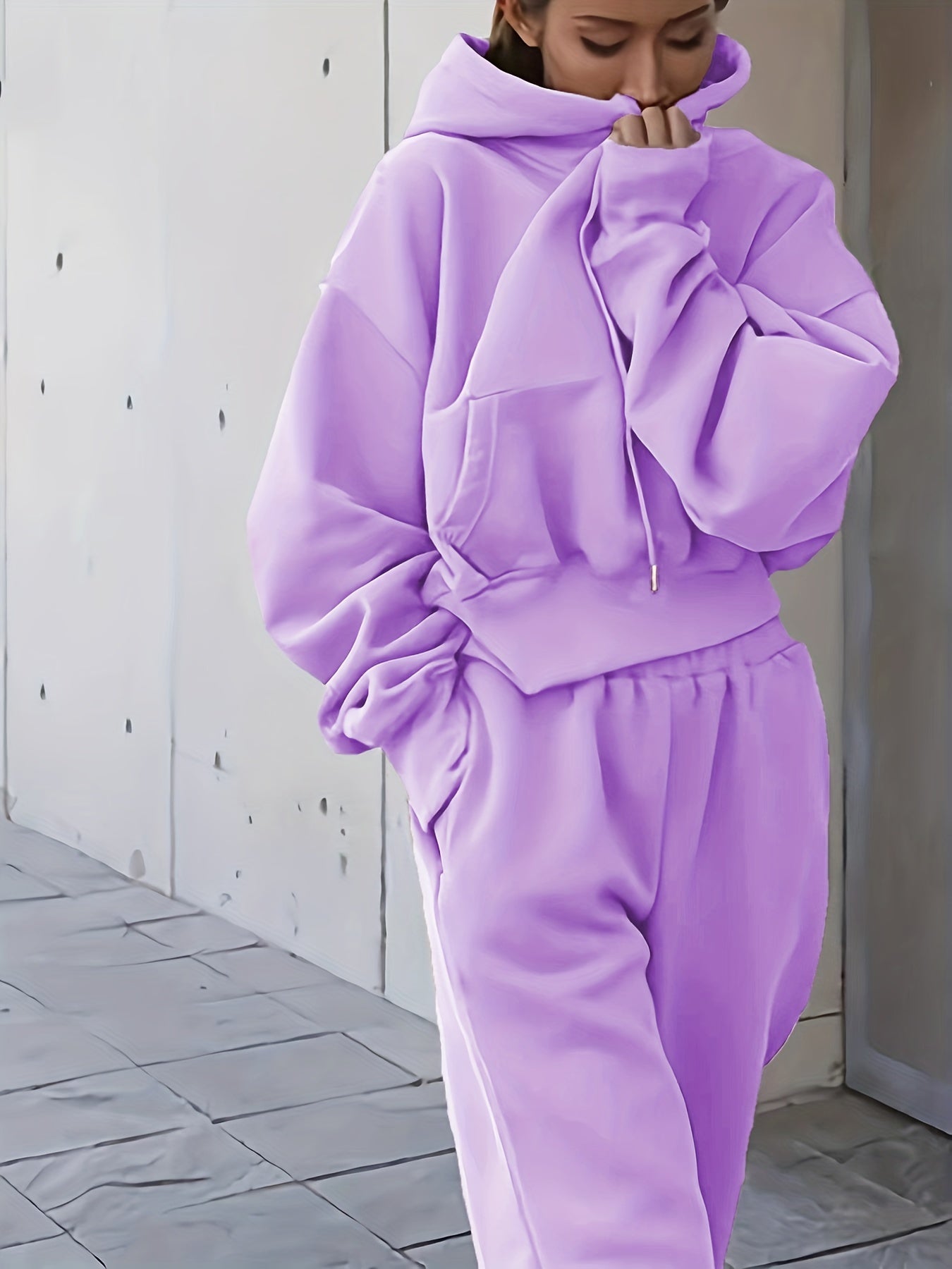 Sixsr 2pcs Athleisure Set, Oversized Solid Hooded Pocket Drawstring Sweatshirts & Sweatpants Sets, Women's Clothing