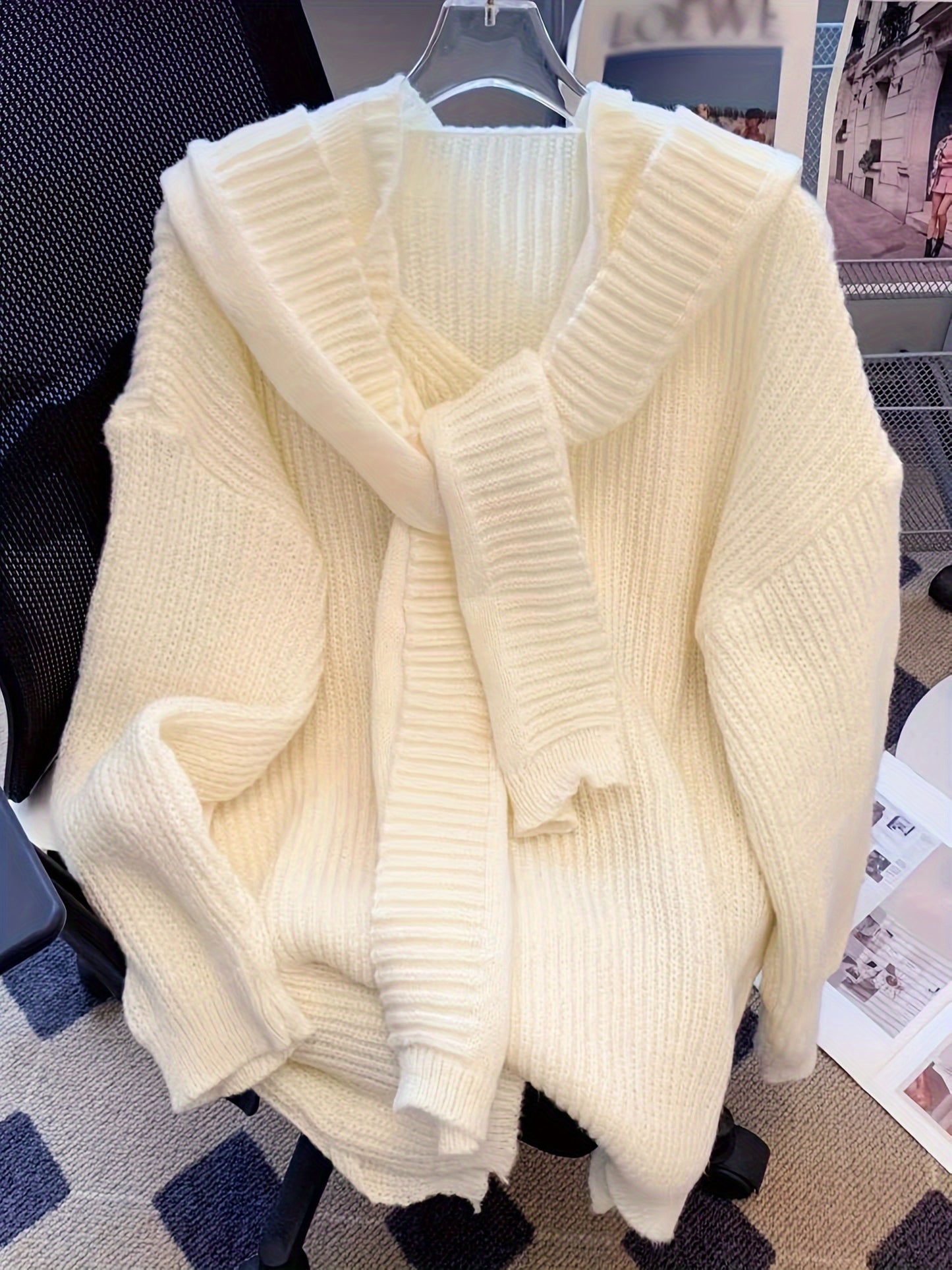 Sixsr Solid Hooded Knitted Pullover Sweater, Casual Long Sleeve Sweater For Fall & Winter, Women's Clothing