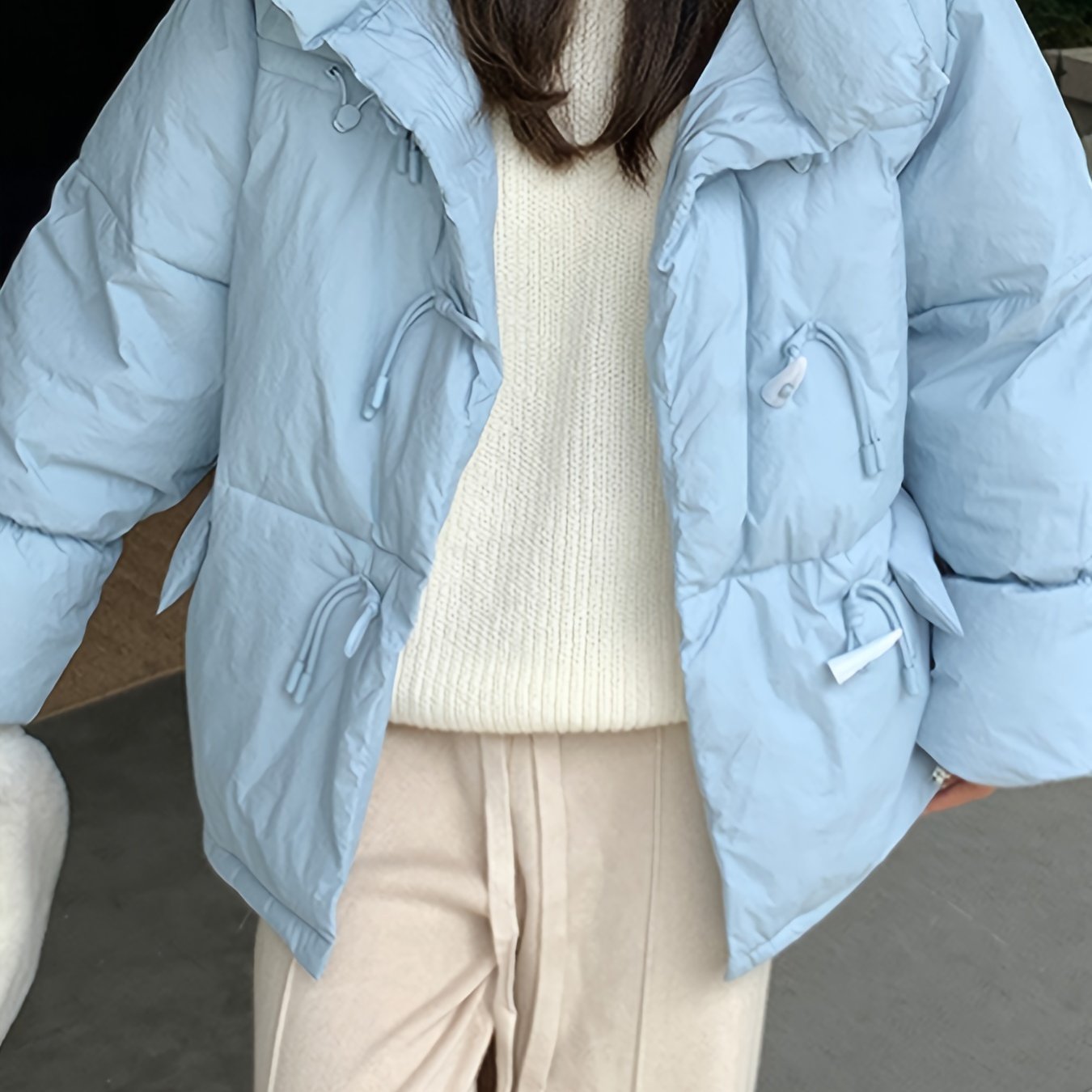 Sixsr Buckle Front Solid Warm Coat, Casual Long Sleeve Puffy Outerwear, Women's Clothing