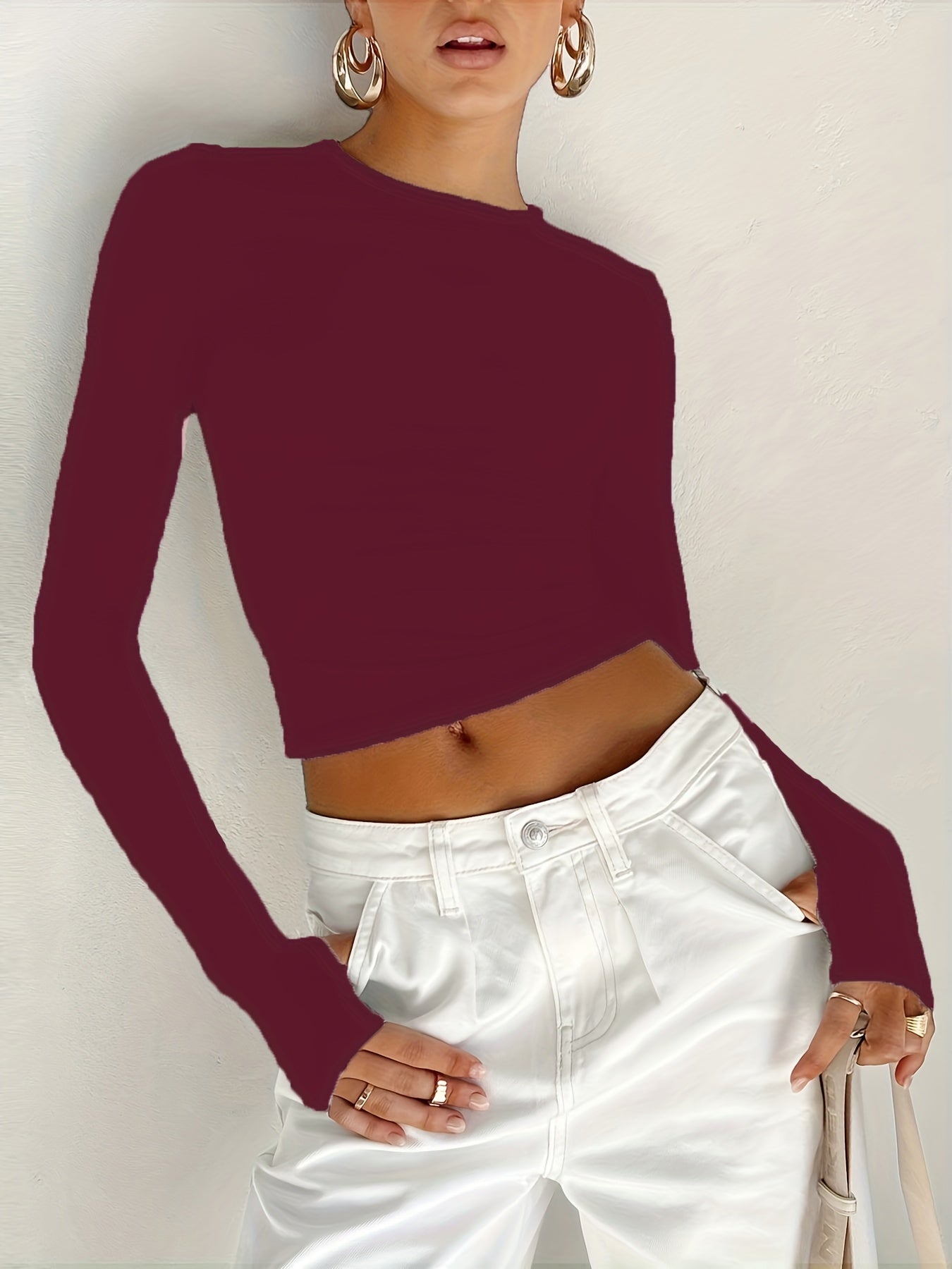 Sixsr Slim Solid Crew Neck T-Shirt, Y2K Long Sleeve T-Shirt For Spring & Fall, Women's Clothing