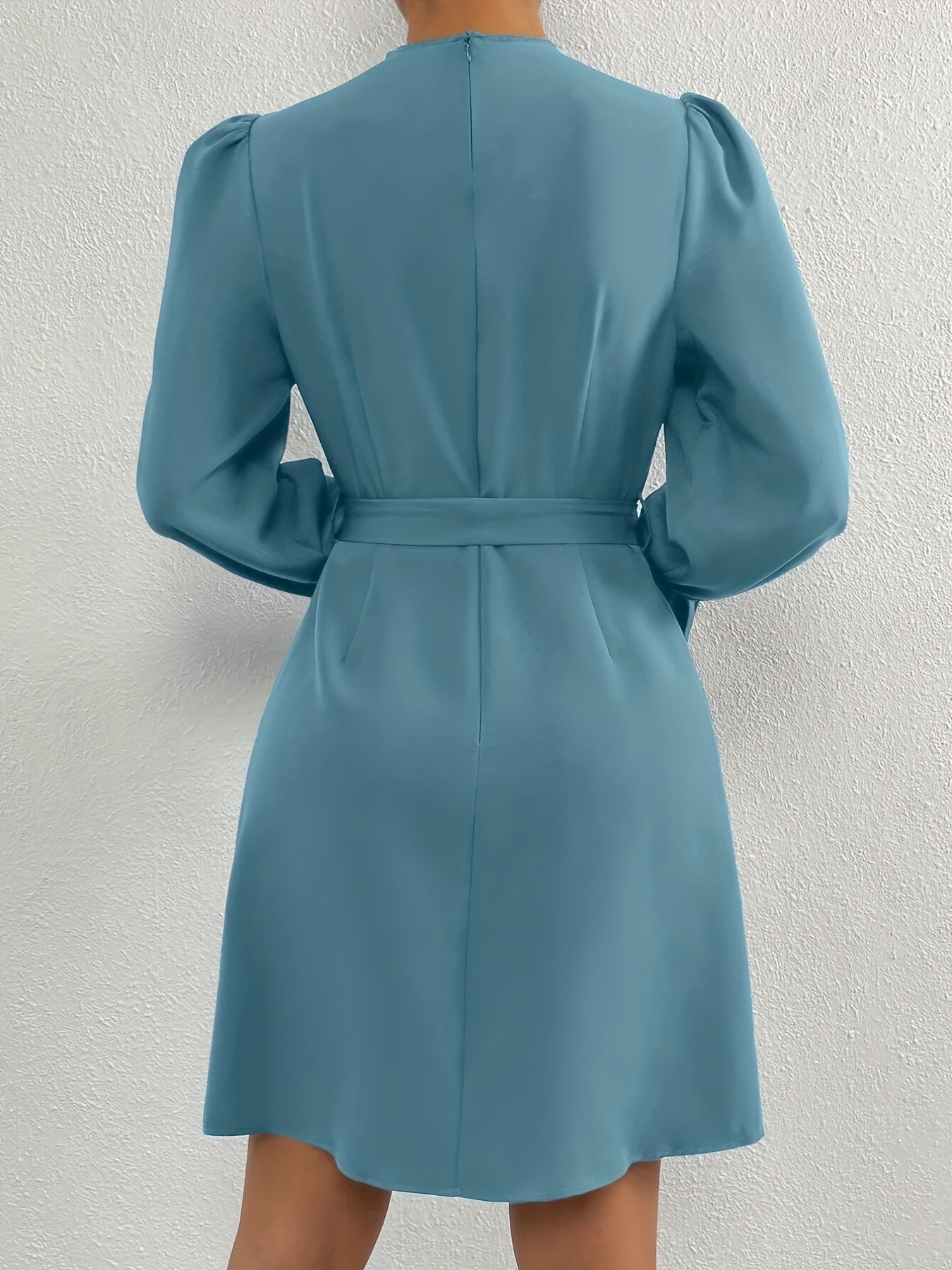 Sixsr Tucked Solid Dress, Elegant Mock Neck Lantern Sleeve Dress, Women's Clothing