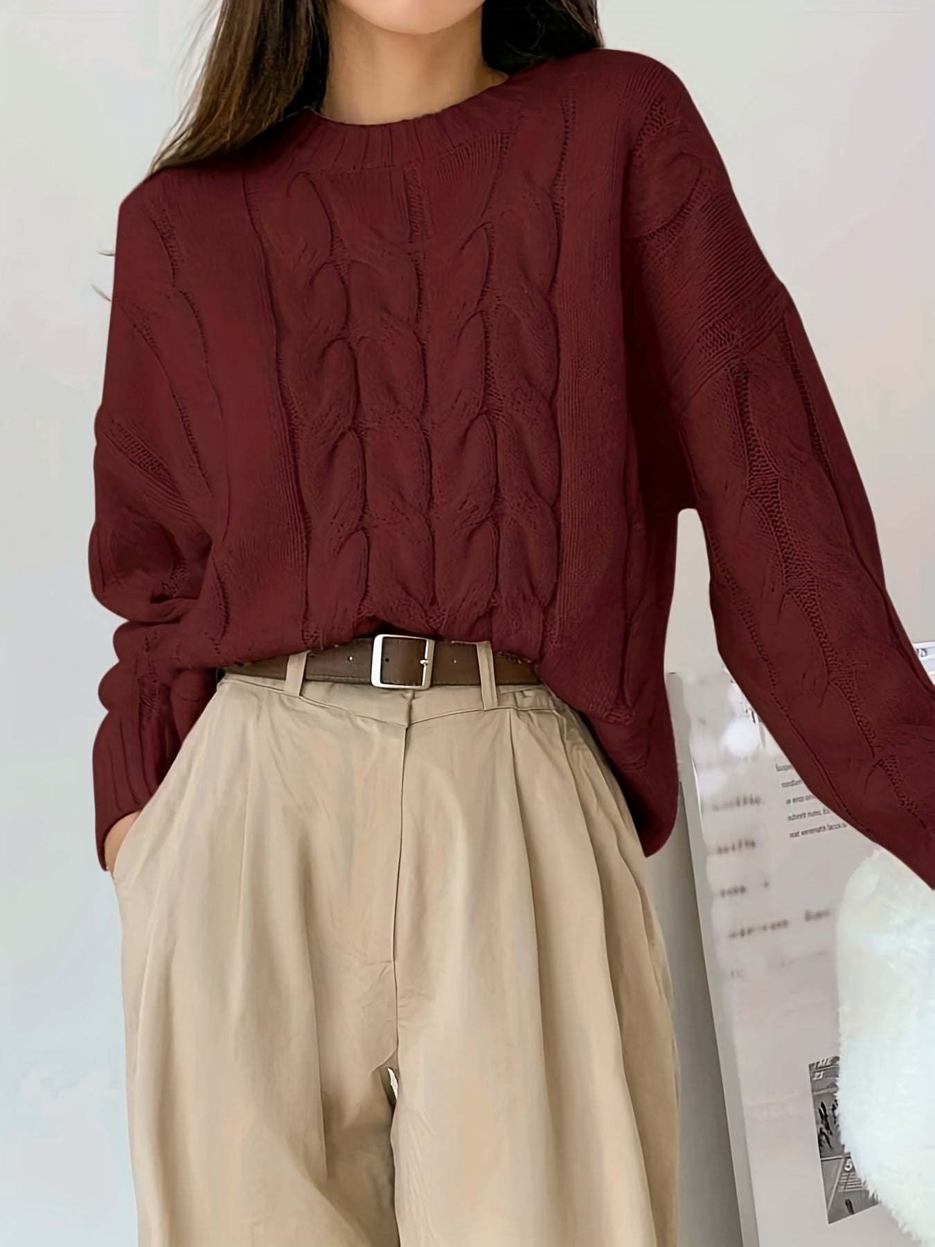 Sixsr Plus Size Casual Sweater, Women's Plus Solid Cable Long Sleeve Round Neck Slight Stretch Pullover Sweater