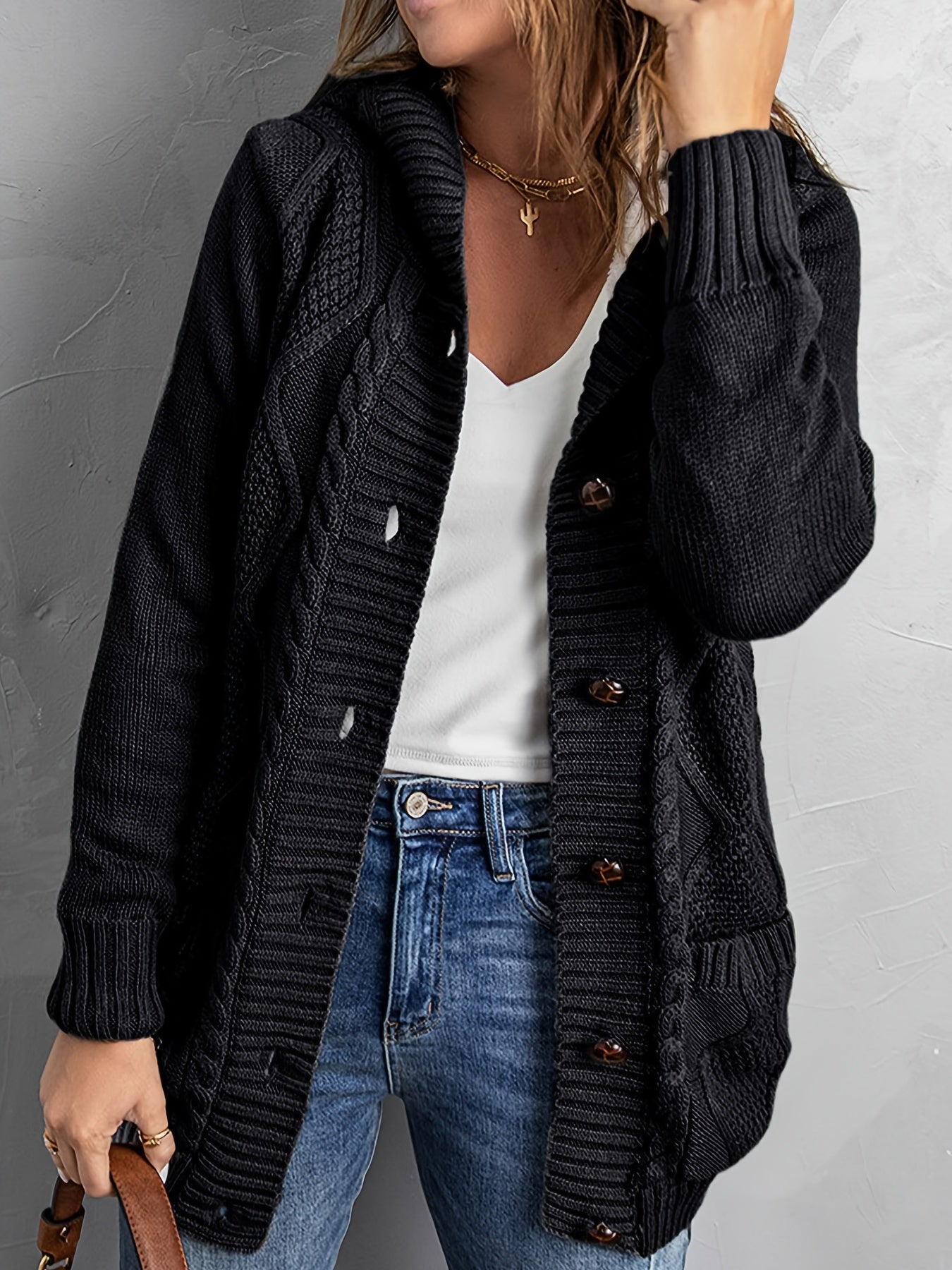 Sixsr Oversized Knit Hoodie, Long Chunky Knit Front Pocket Hooded Cardigan Sweater, Casual Tops For Fall & Winter, Women's Clothing