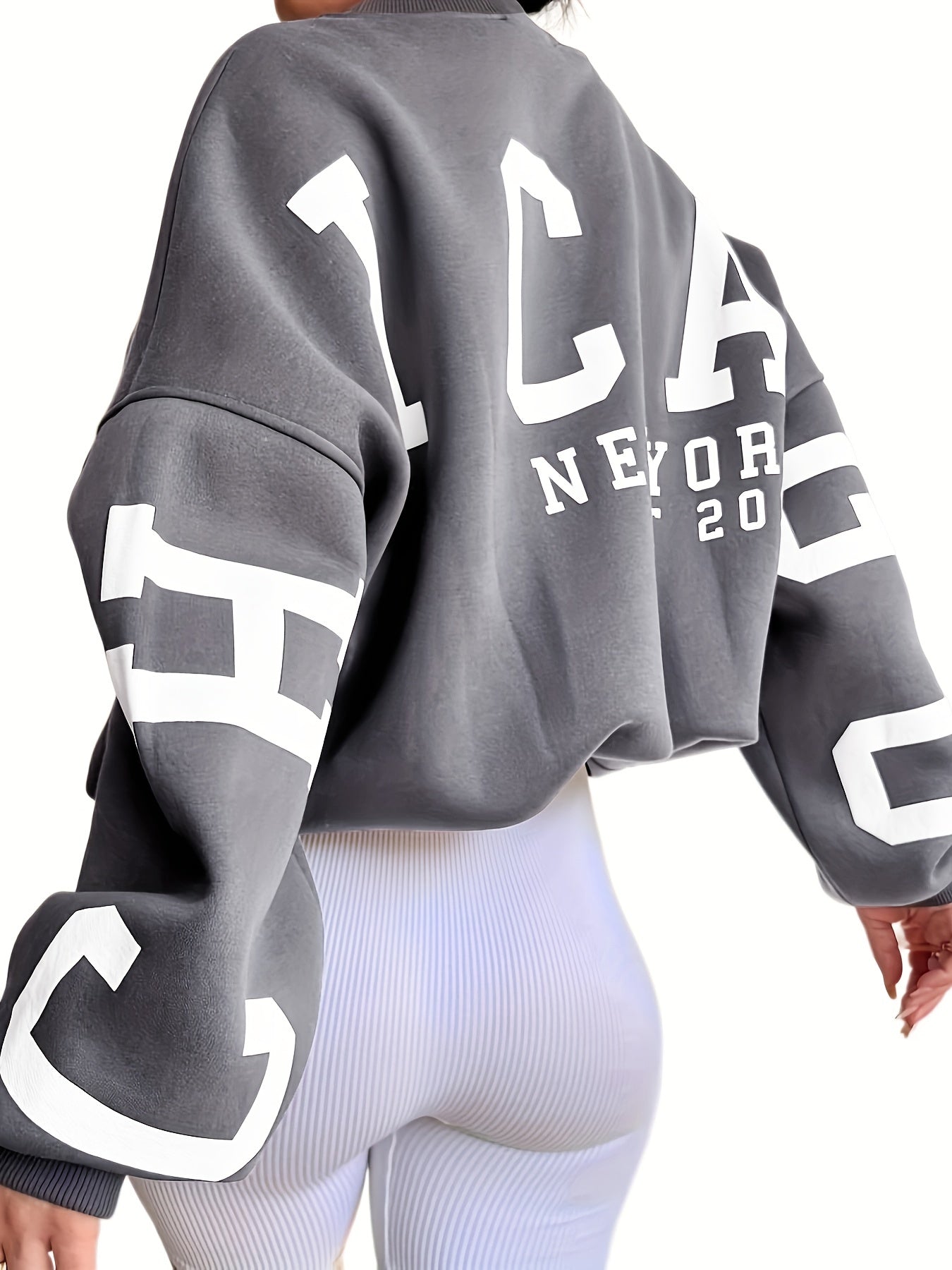 Sixsr Plus Size Casual Top, Women's Plus Letter Print Drop Shoulder Long Sleeve Round Neck Sweatshirt