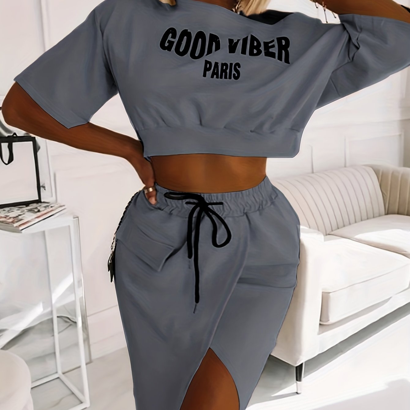 Plus Size Casual Outfits Two Piece Set, Women's Plus Letter Print One Shoulder Short Sleeve Top & Drawstring Split Hem Knee Length Skirt Outfits 2 Piece Set