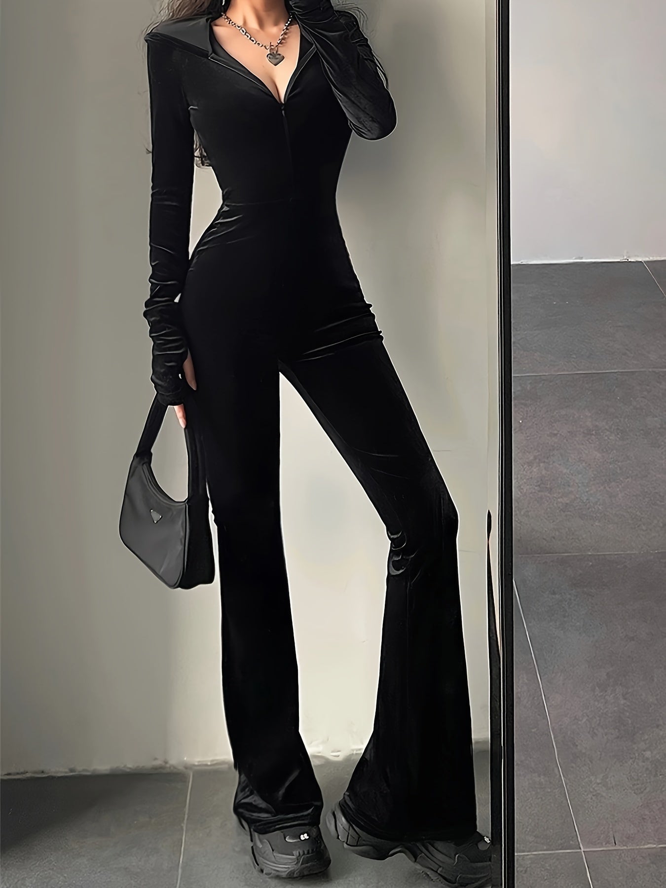 Sixsr Velvet Zip Up Jumpsuit, Casual Long Sleeve Flare Leg Jumpsuit, Women's Clothing