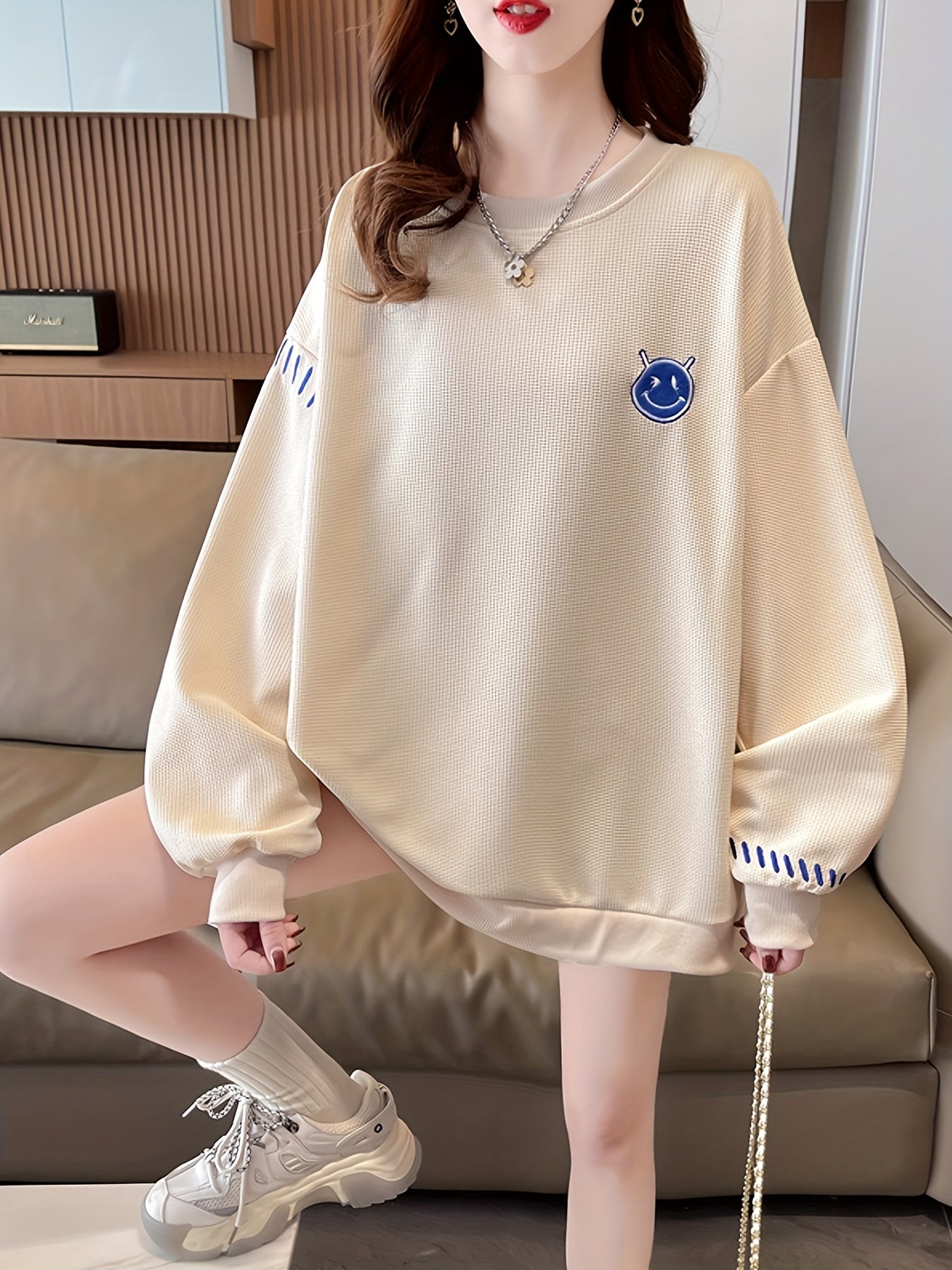 Sixsr Waffle Pullover Sweatshirt, Casual Long Sleeve Crew Neck Sweatshirt, Women's Clothing