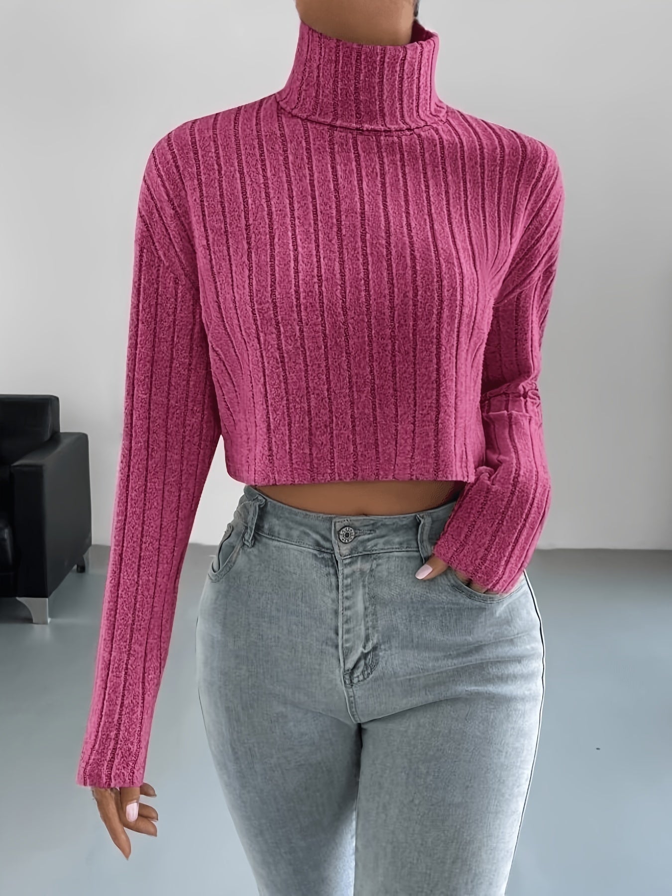 Sixsr Solid Ribbed Turtleneck Crop T-Shirt, Casual Long Sleeve Top For Spring & Fall, Women's Clothing