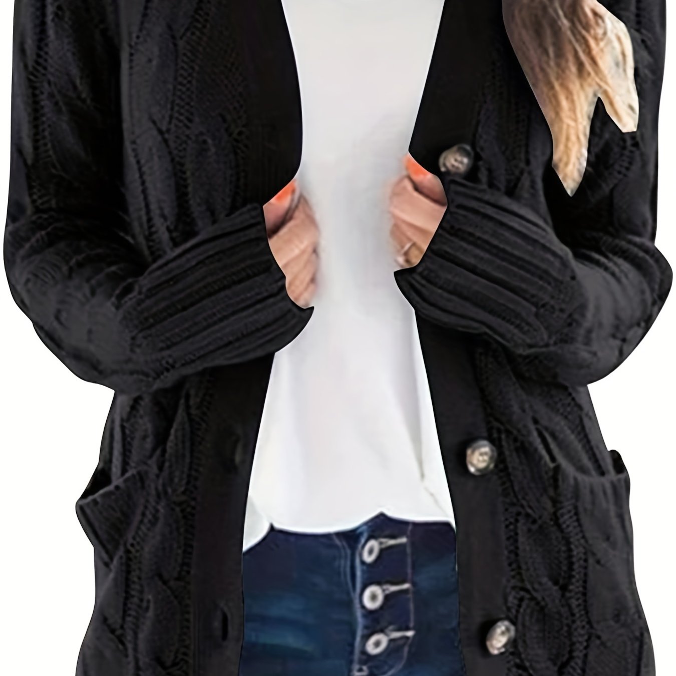 Sixsr Cable Knit Button Front Cardigan, Casual Solid Long Sleeve Cardigan For Fall & Winter, Women's Clothing