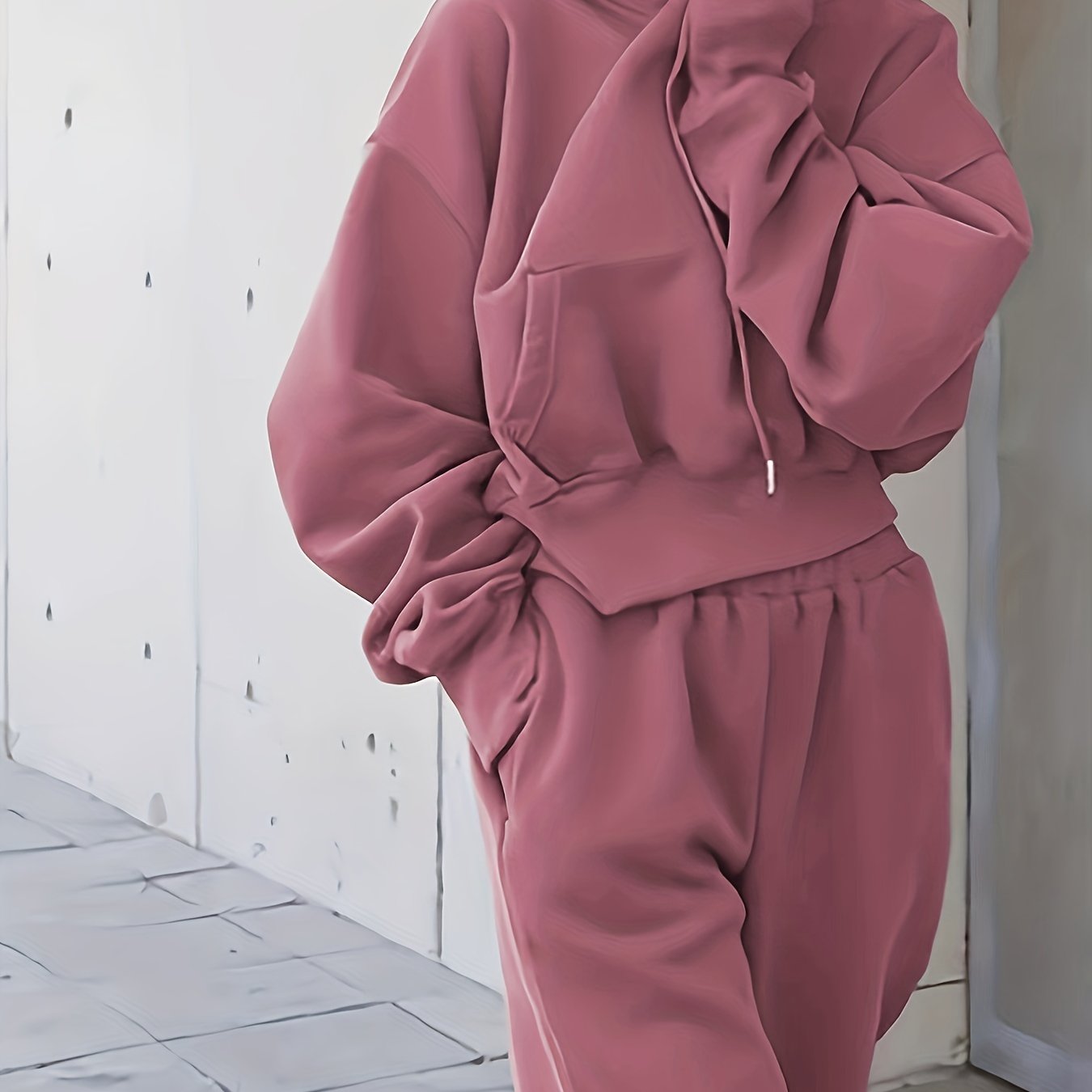 Sixsr 2pcs Athleisure Set, Oversized Solid Hooded Pocket Drawstring Sweatshirts & Sweatpants Sets, Women's Clothing