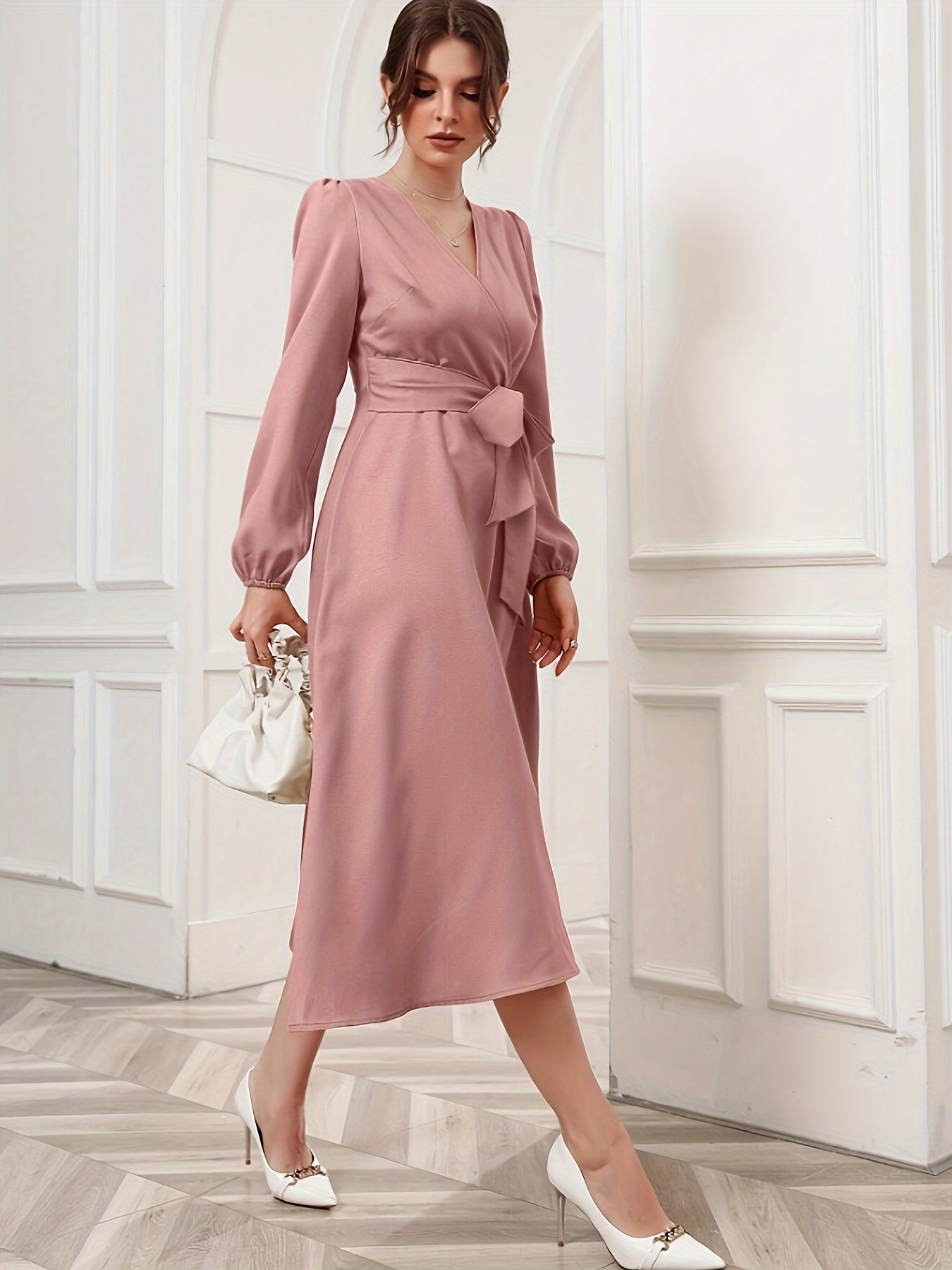 Sixsr Solid Surplice Neck Dress, Elegant Long Sleeve Belted Dress, Women's Clothing